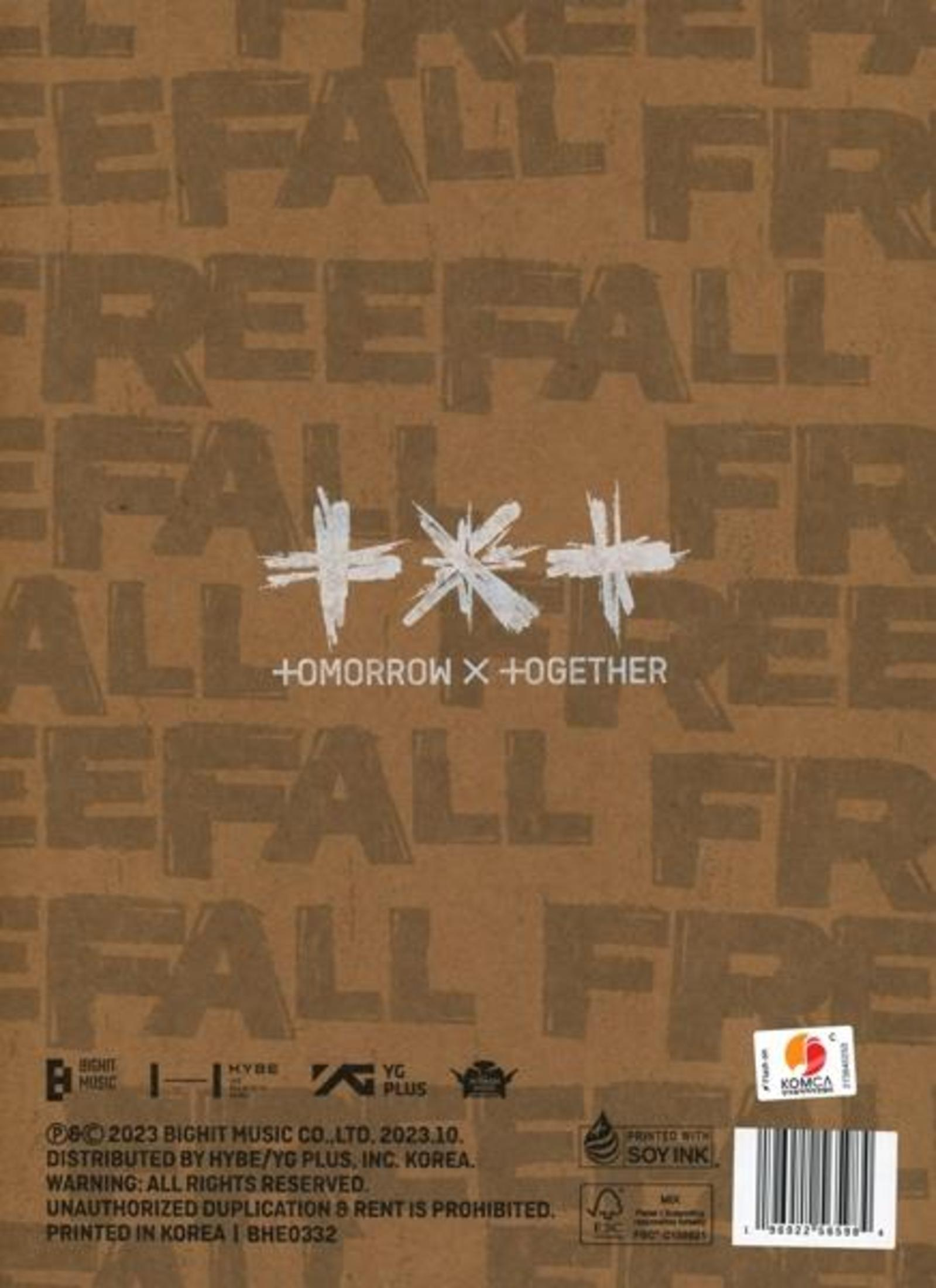 Album cover with text 'FREEFALL' repeated. '+TOMORROW X TOGETHER' and the album title are present.