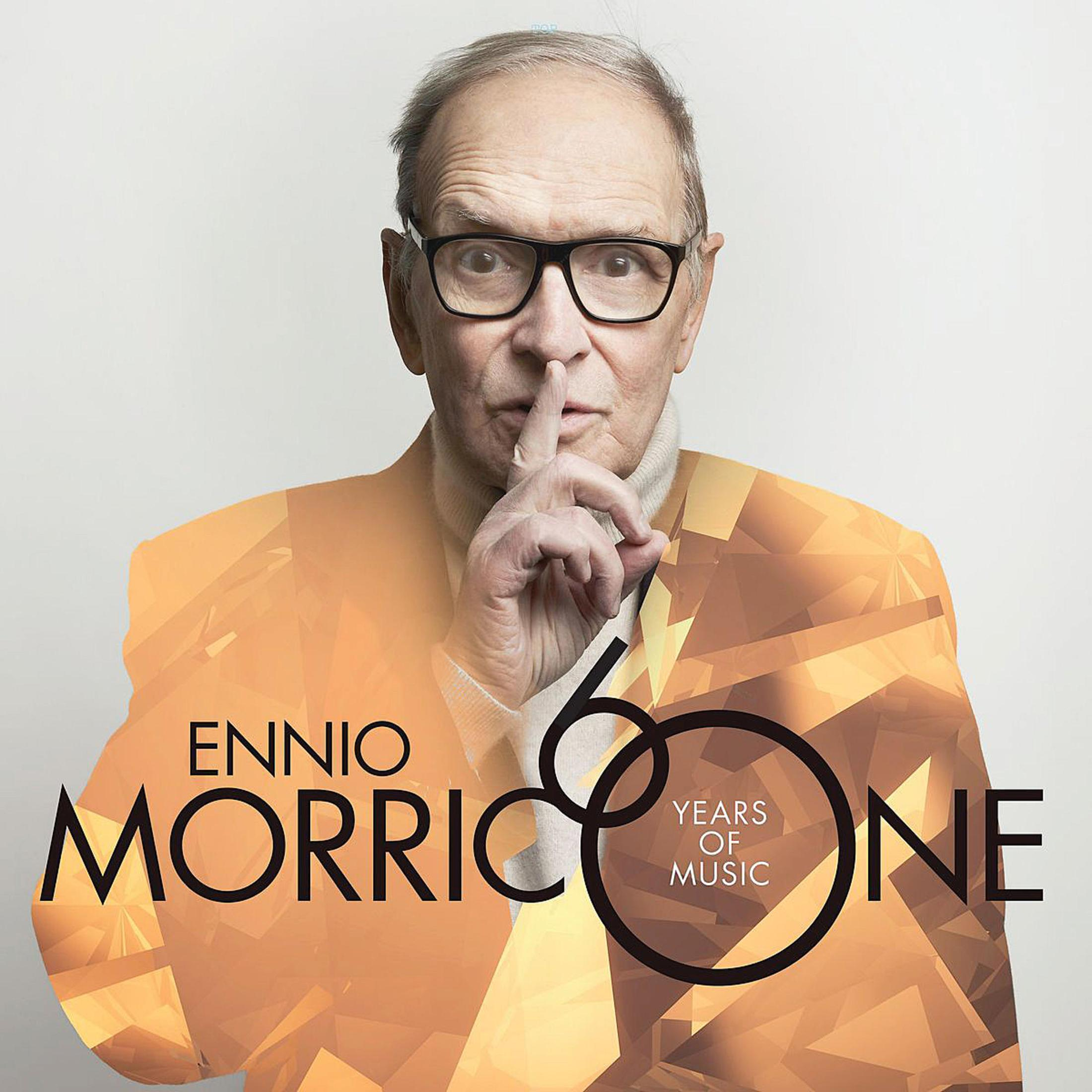 Albumhoes met Ennio Morricone met de titel "60 Years of Music". Hij draagt een bril.