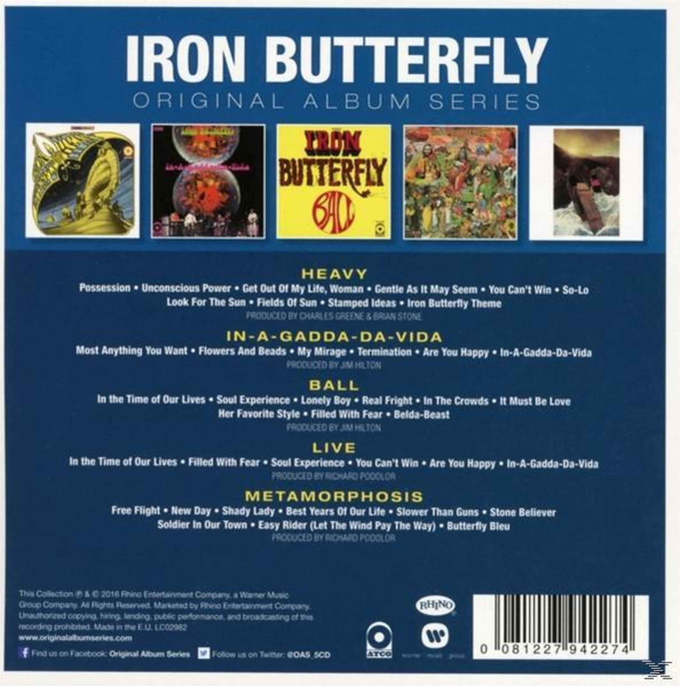 Iron Butterfly Original Album Series: vijf albumhoezen en songtitels.