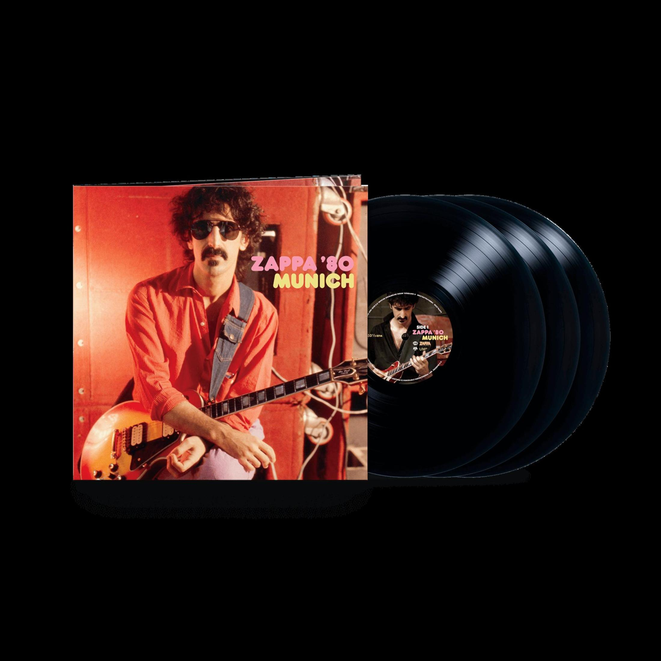 Albumcover von Frank Zappa mit Gitarre, umgeben von Vinyl-Schallplatten, Titel 'Zappa '80 Munich'.
