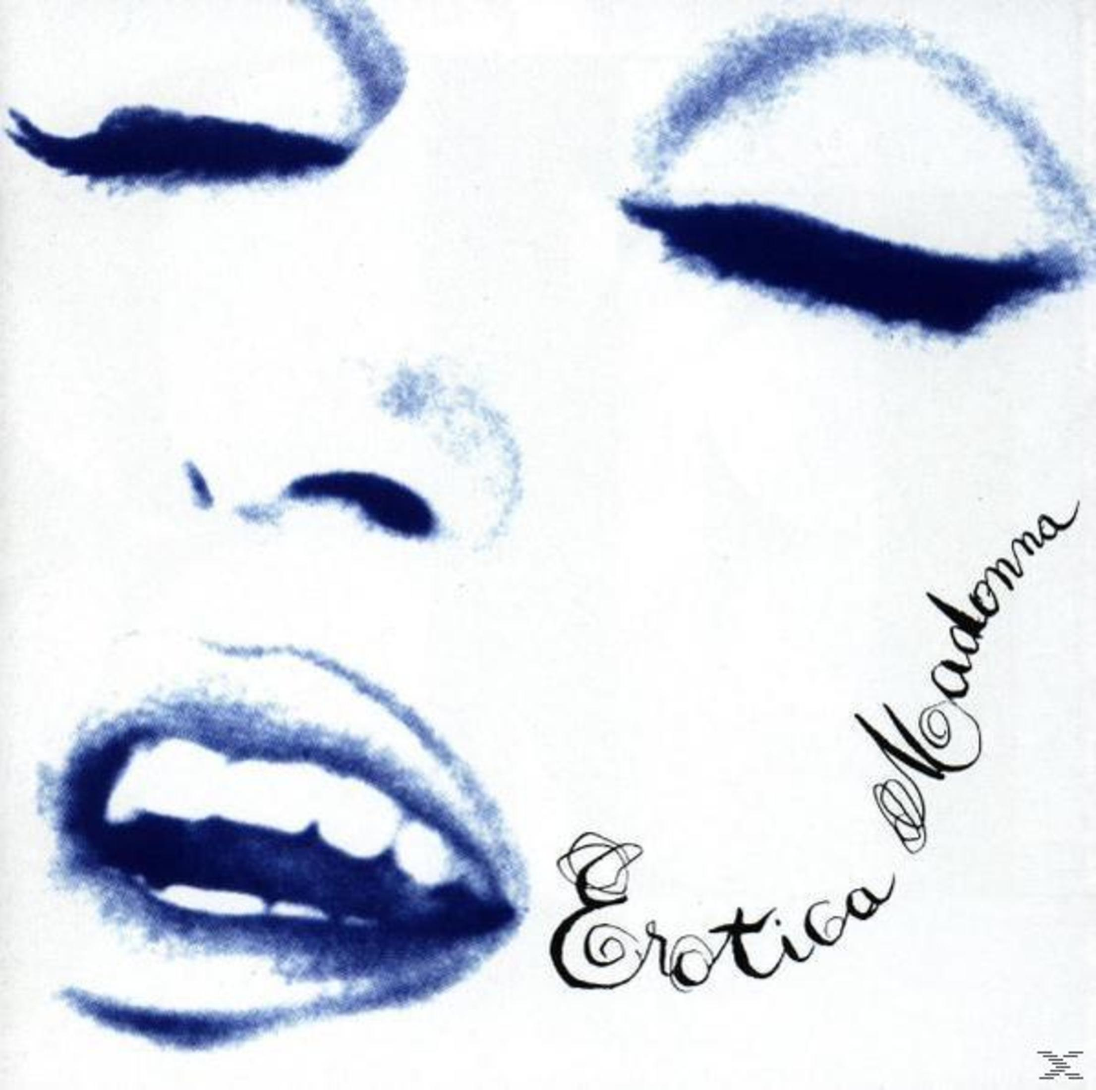 Copertina dell'album di Madonna. Primo piano di un volto con labbra e occhi blu. La parola 'Erotica' è scritta.