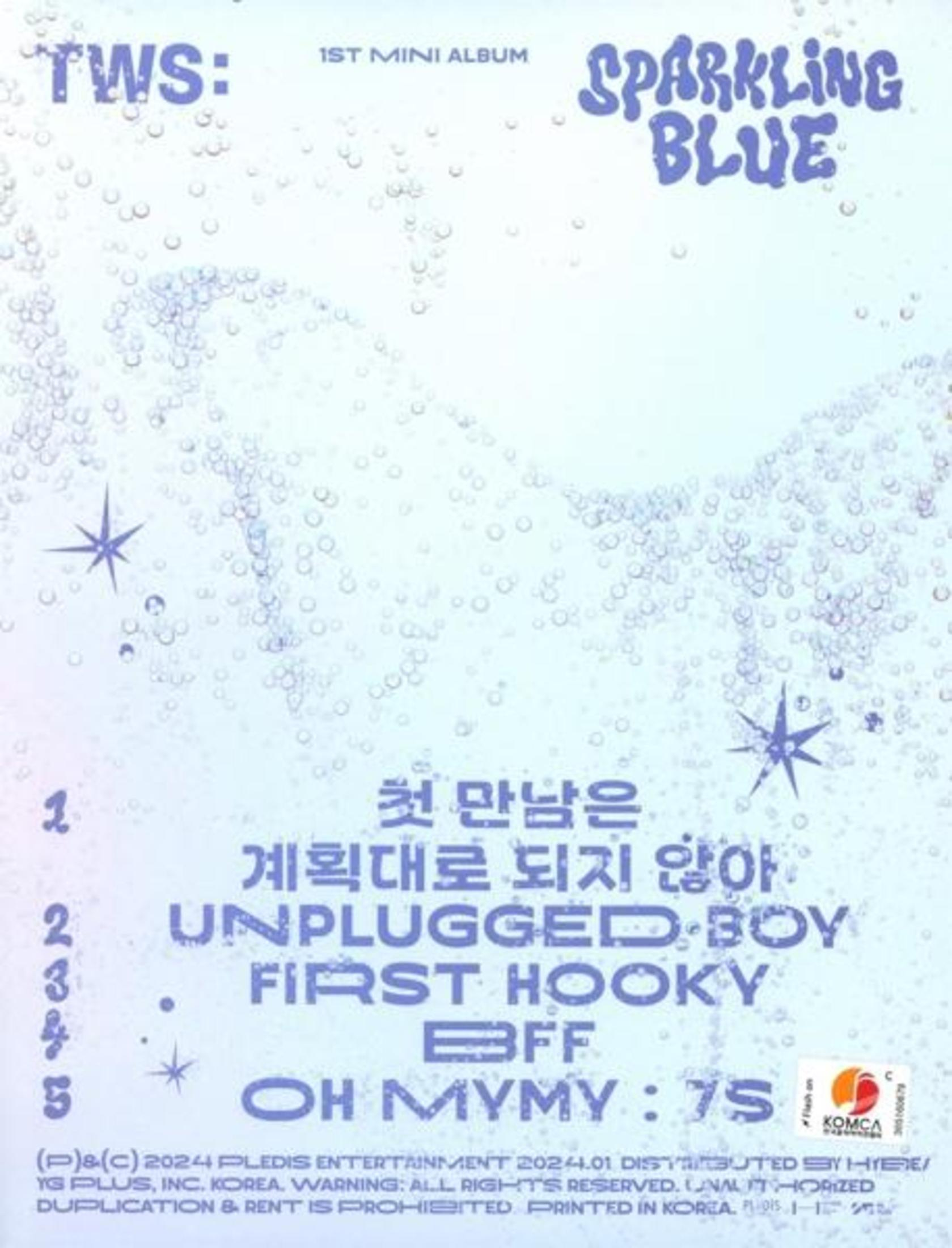 Album cover with "TWS" and "Sparkling Blue" text with Korean text and song titles. Bubbles in background.