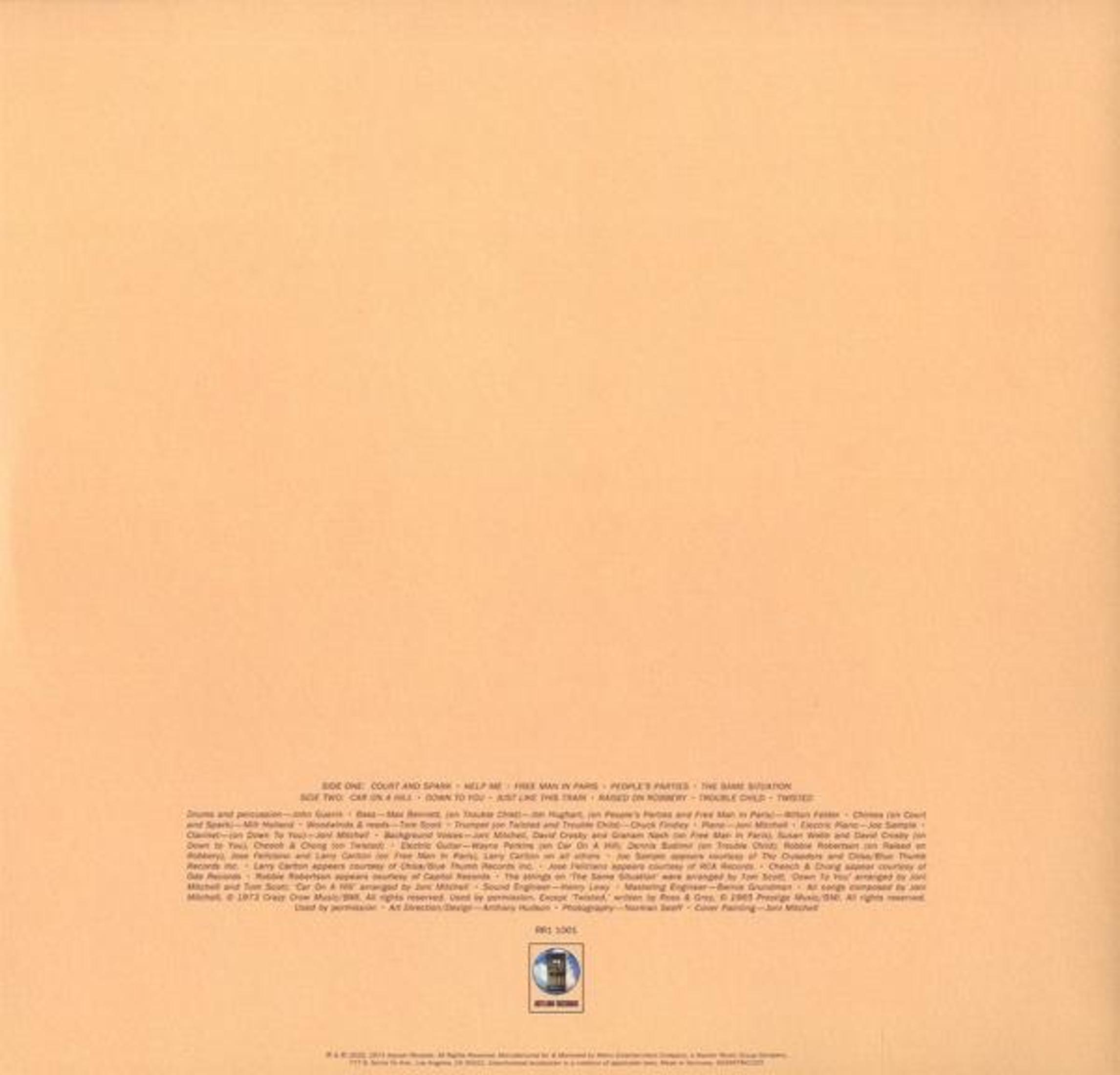 Contraportada del álbum con créditos de canciones sobre un fondo beige, un logotipo azul en la parte inferior.