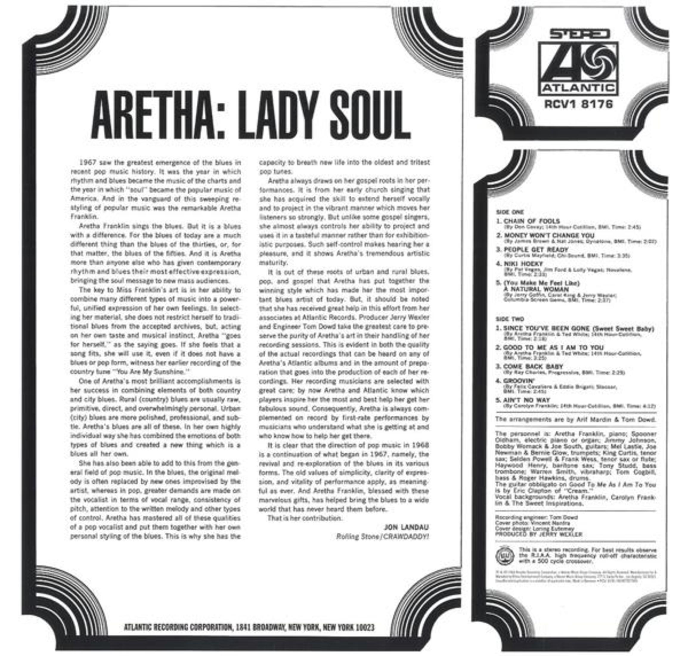 Portada del álbum con texto y una foto de Aretha Franklin. Texto: Aretha: Lady Soul, títulos de canciones y créditos.