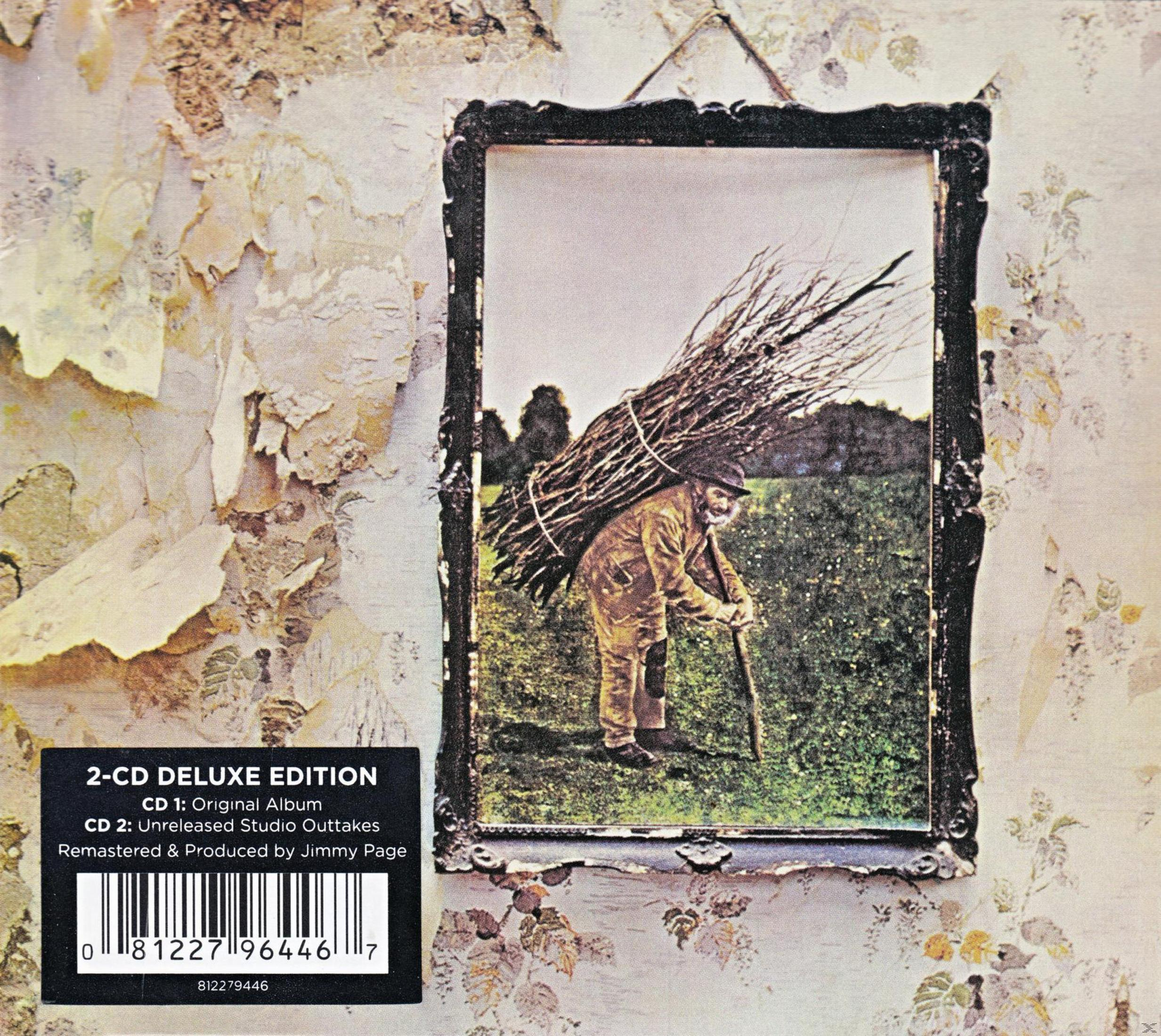 Copertina dell'album dei Led Zeppelin con una foto incorniciata di un uomo con dei bastoni.