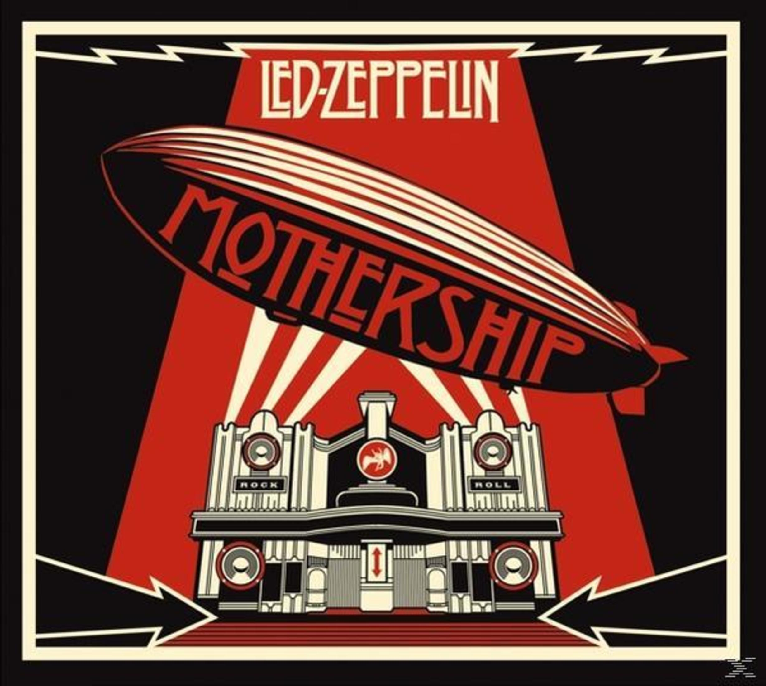 Copertina dell'album dei Led Zeppelin con un dirigibile sopra un edificio con la scritta "Mothership".