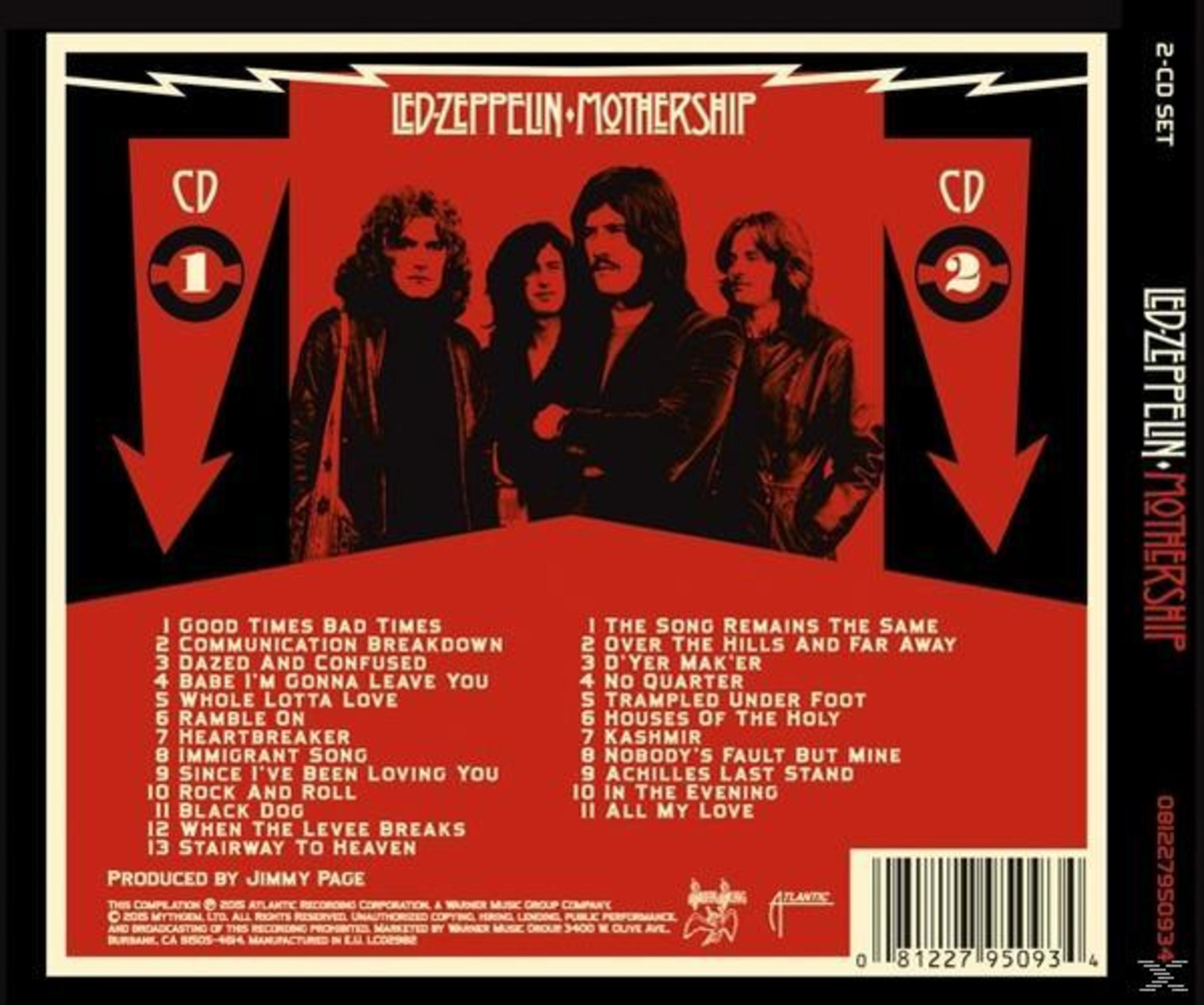 Copertina dell'album dei Led Zeppelin con le foto dei membri della band e i titoli delle canzoni. Sfondo rosso. Set di 2 CD.