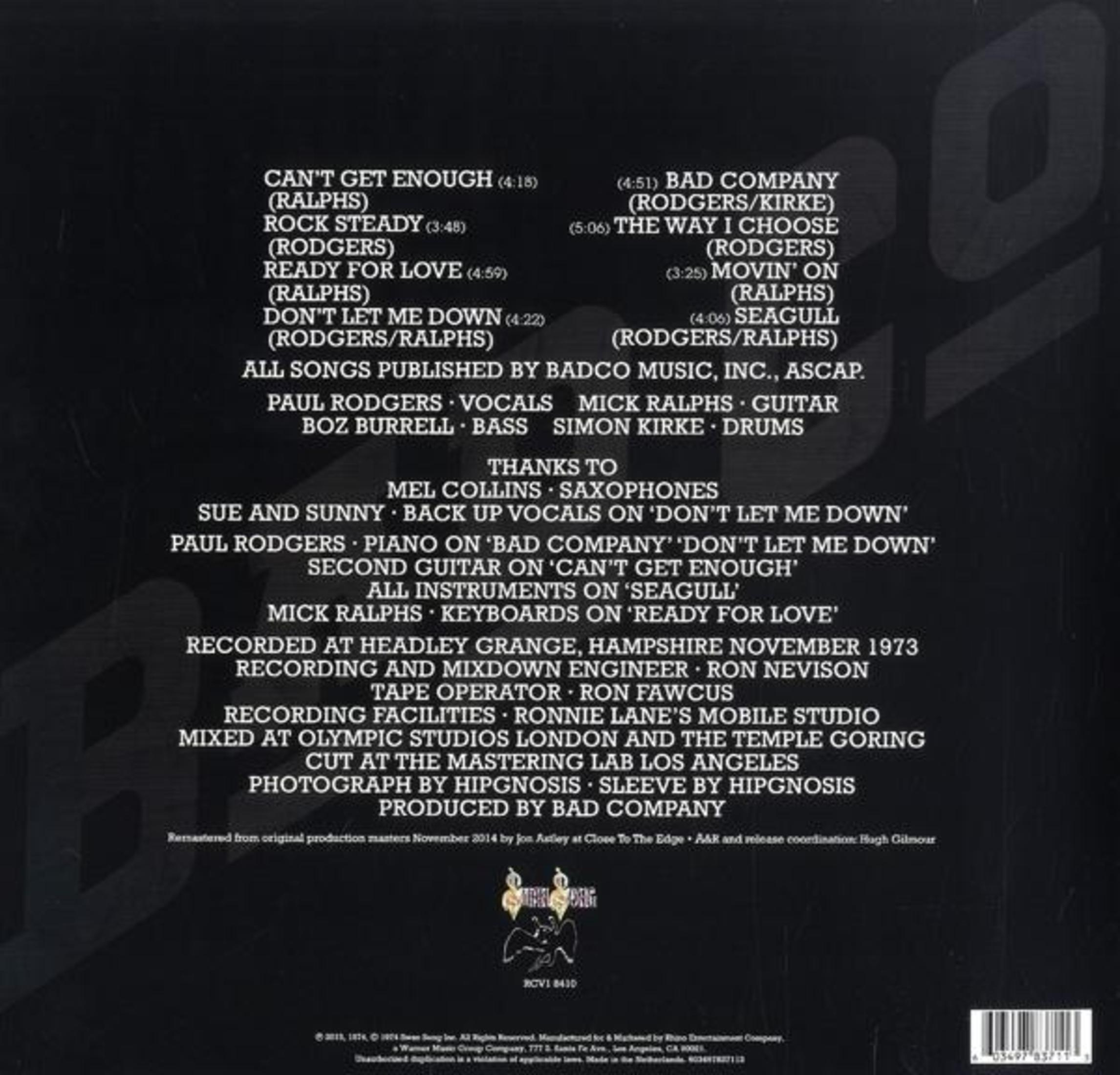 Retrocover dell'album con titoli delle canzoni, crediti dei musicisti e dettagli di produzione. Presenta un logo Bad Company.