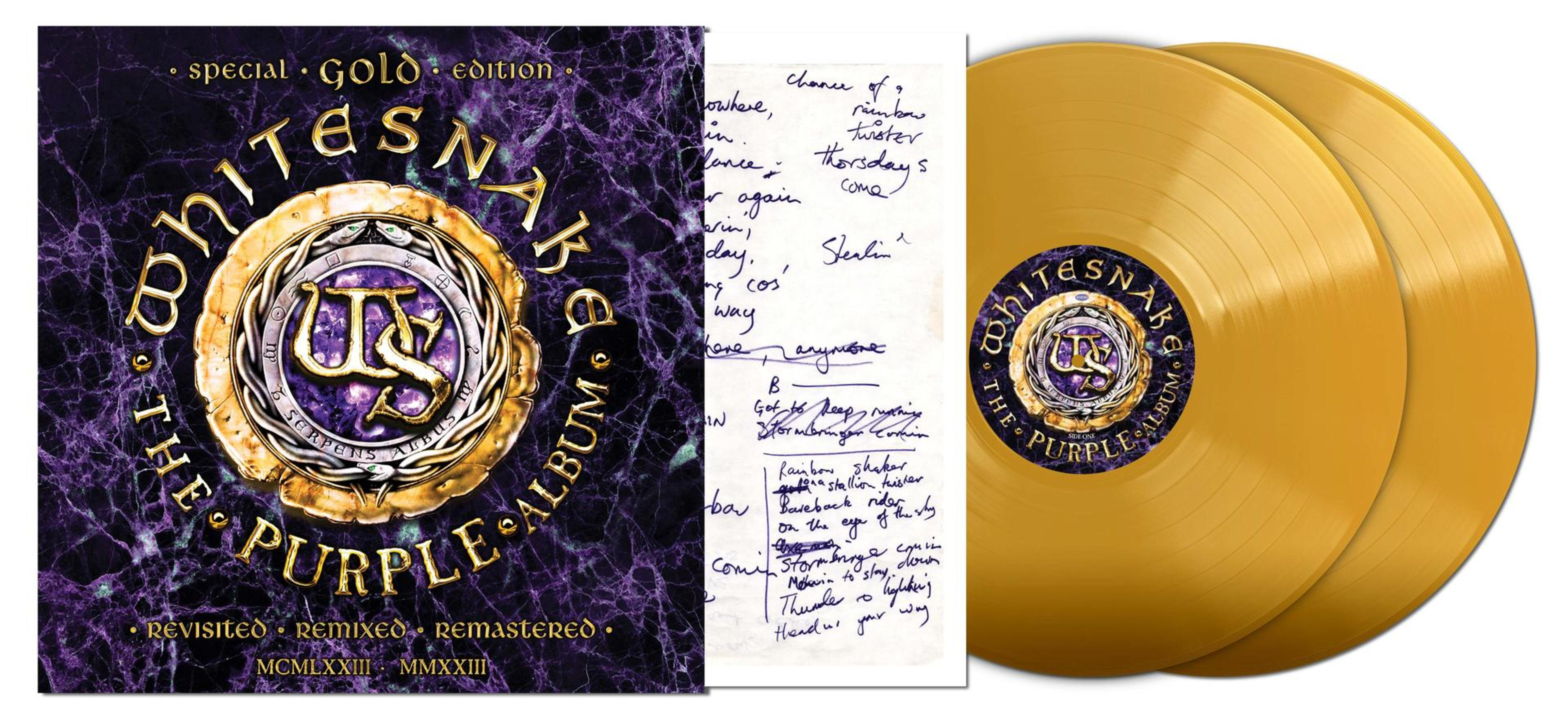 Copertina dell'album: due dischi in vinile dorati, note manoscritte e artwork dell'album. Testo: Whitesnake, The Purple Album.