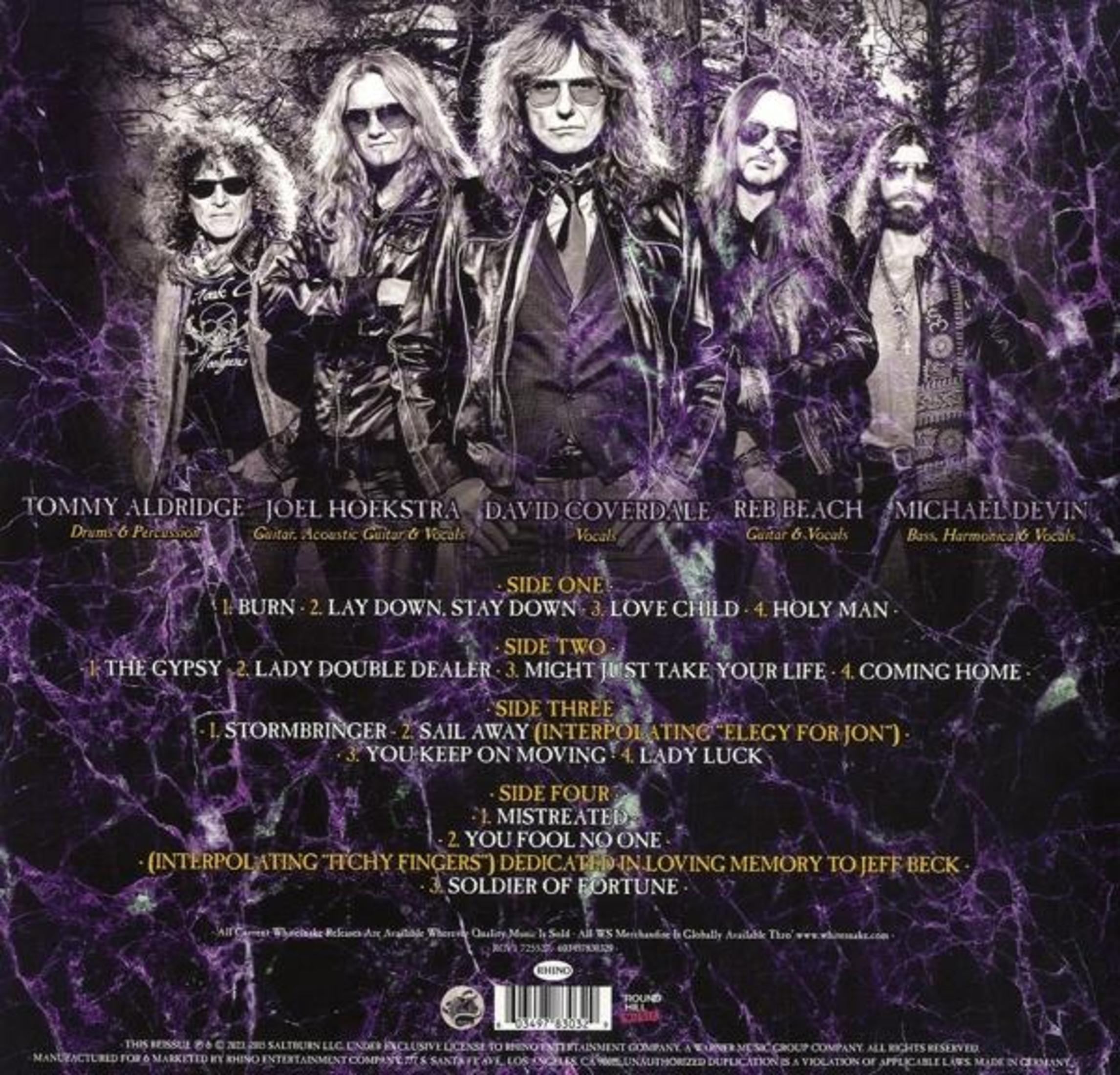 Copertina dell'album: cinque uomini con giacche di pelle, occhiali da sole e capelli lunghi. Testo con titoli delle canzoni e nomi.