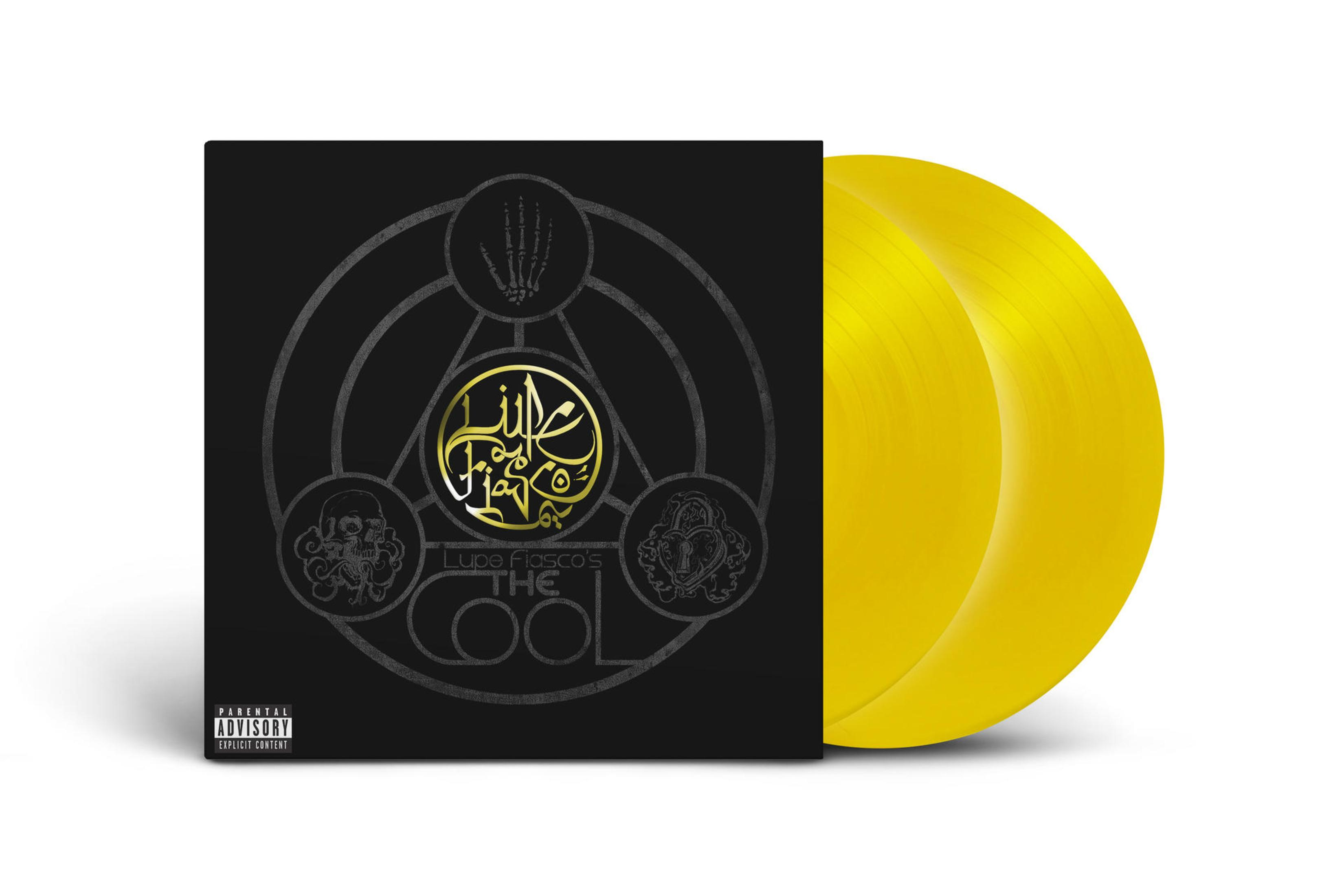 Disco de vinilo amarillo con portada negra. El arte del álbum tiene un diseño geométrico y el nombre de Lupe Fiasco.