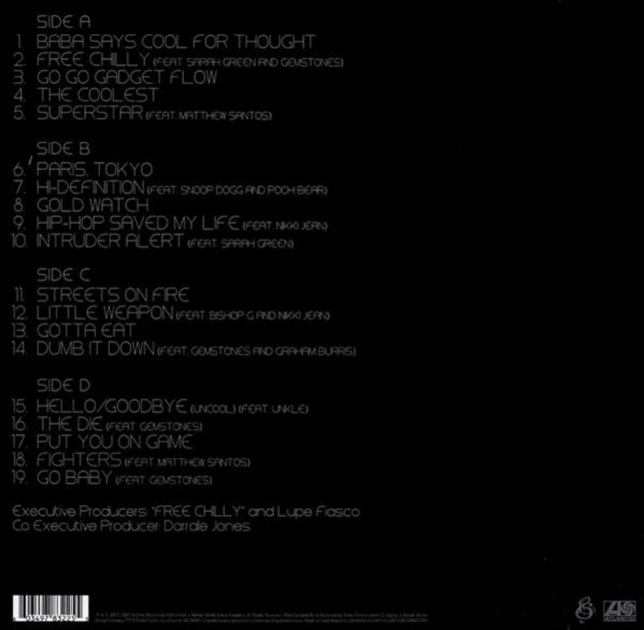 Portada del álbum con títulos de canciones y créditos. El álbum es negro.
