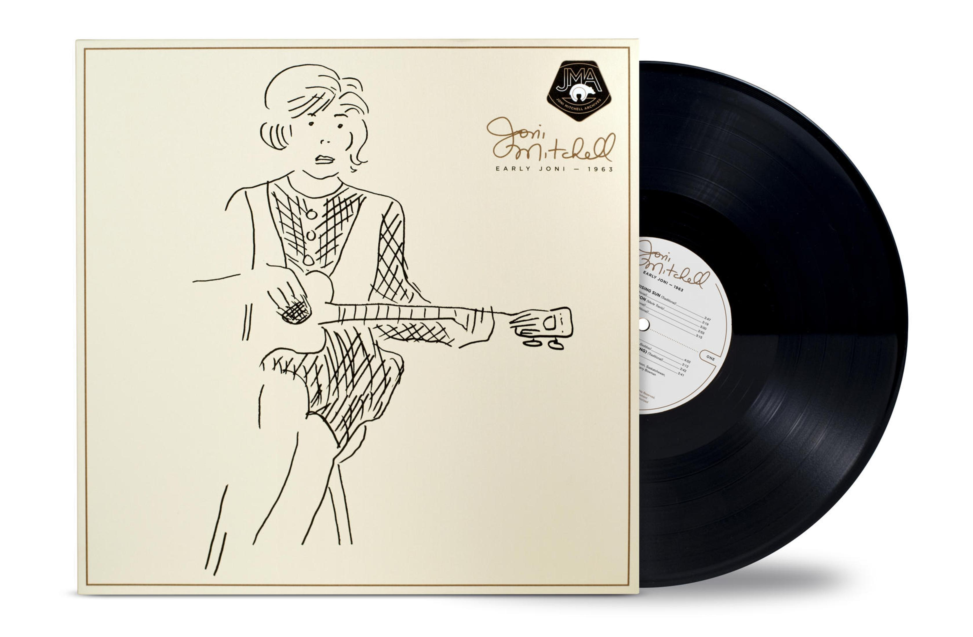 Copertina dell'album di Joni Mitchell, disegno a linea di lei che suona la chitarra. Vinile a destra.