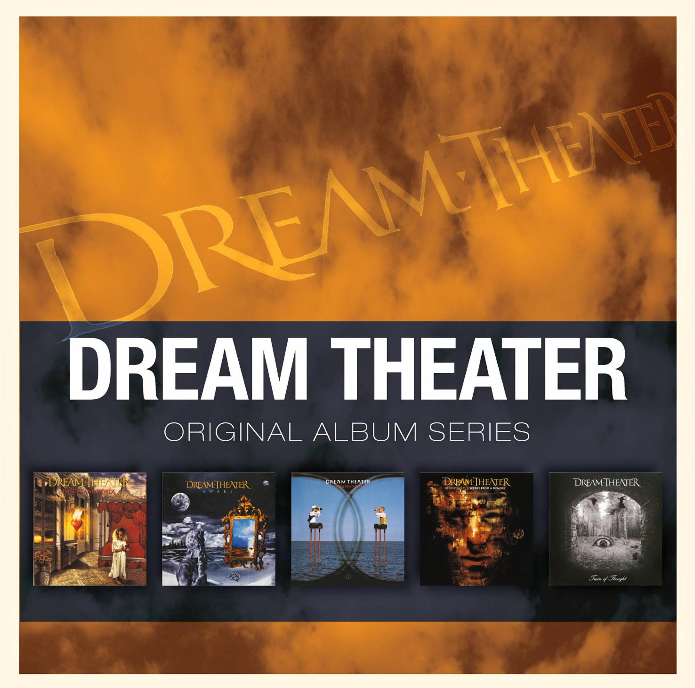 Copertina dell'album con 'Dream Theater' e cinque copertine di album, il tutto su uno sfondo arancione e marrone.