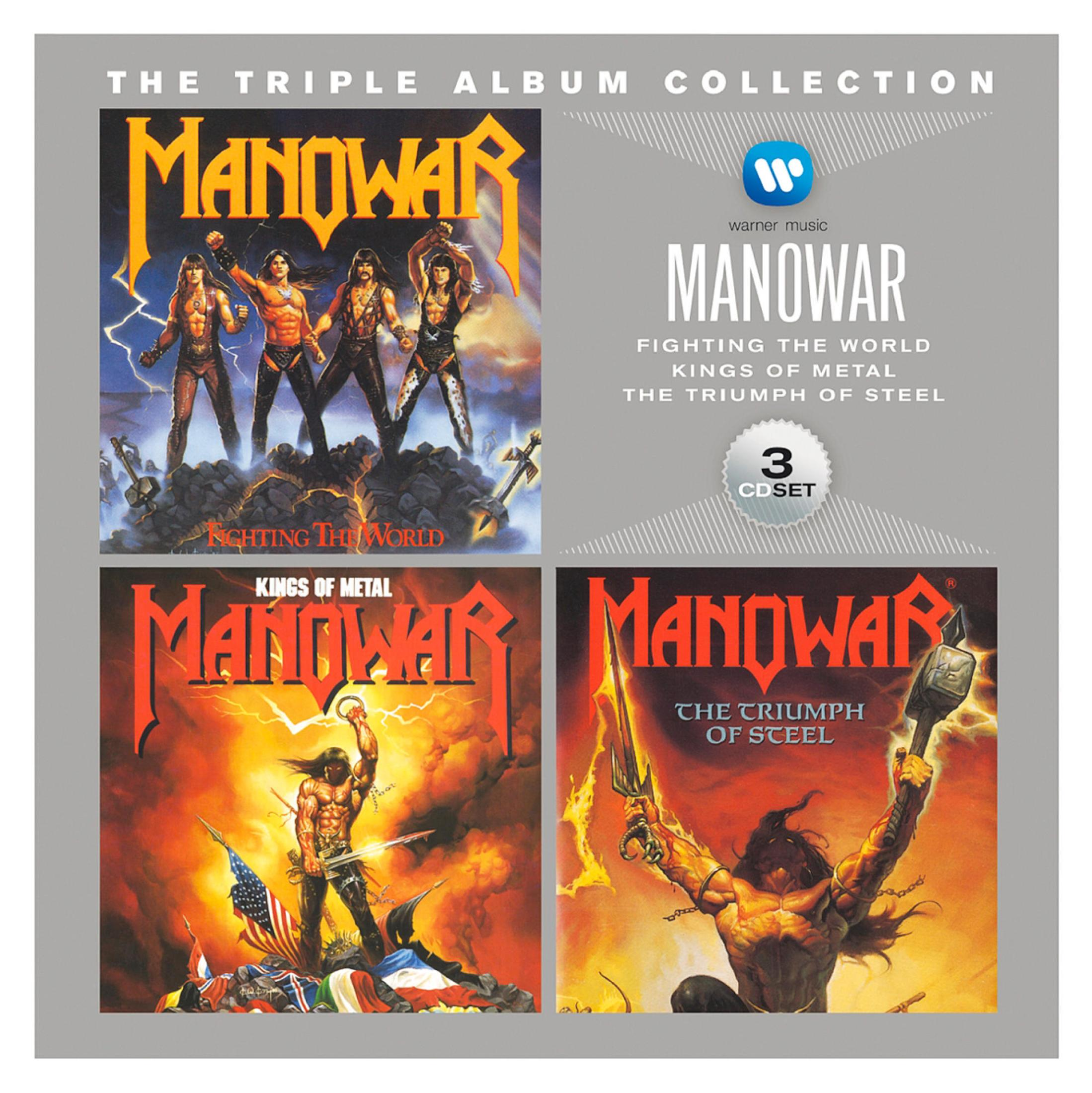 Collezione di album tripli con quattro copertine di album. Manowar è la band. Le copertine hanno temi guerrieri e metal.