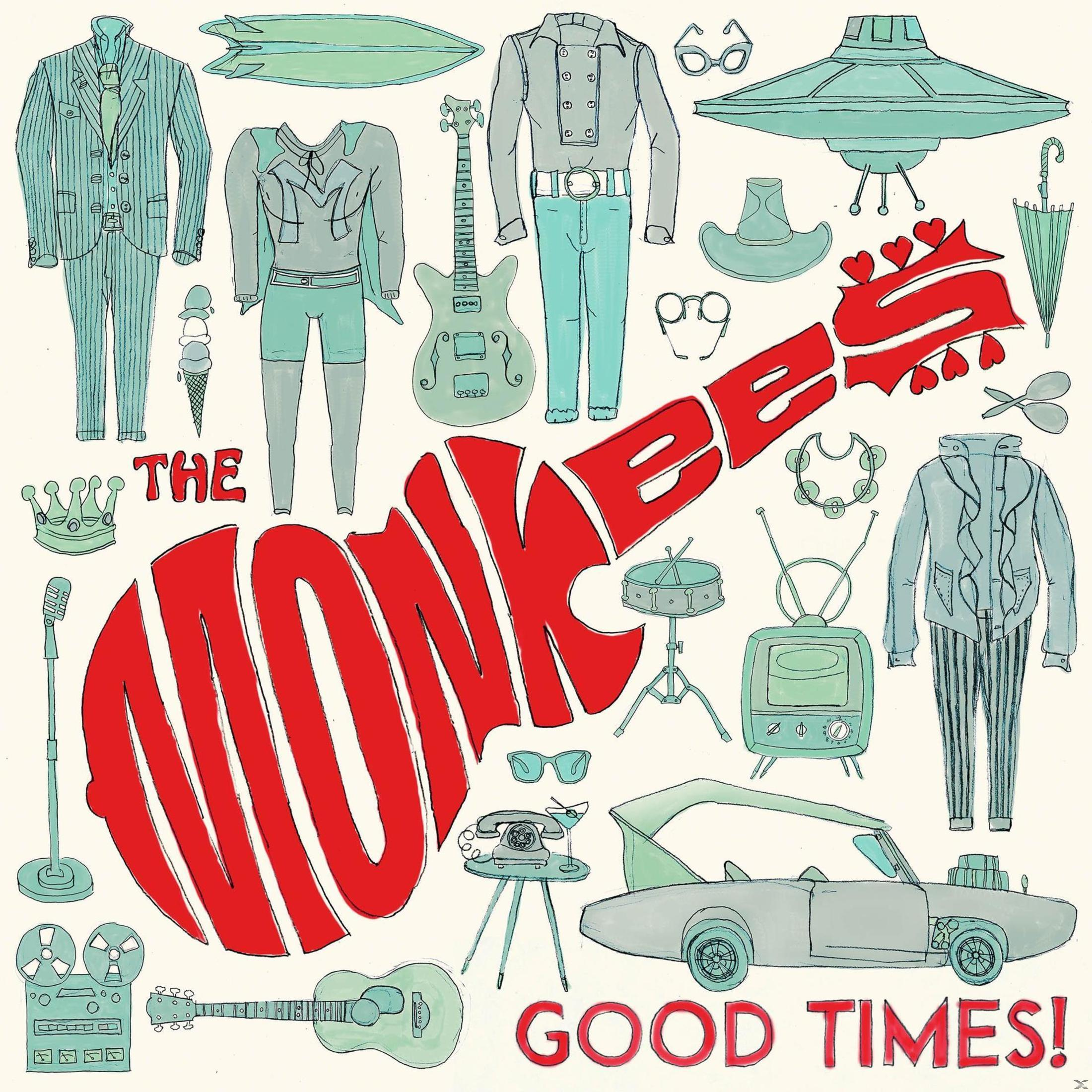 Copertina dell'album The Monkees. Vari articoli di abbigliamento e oggetti illustrati con il nome della band in rosso.