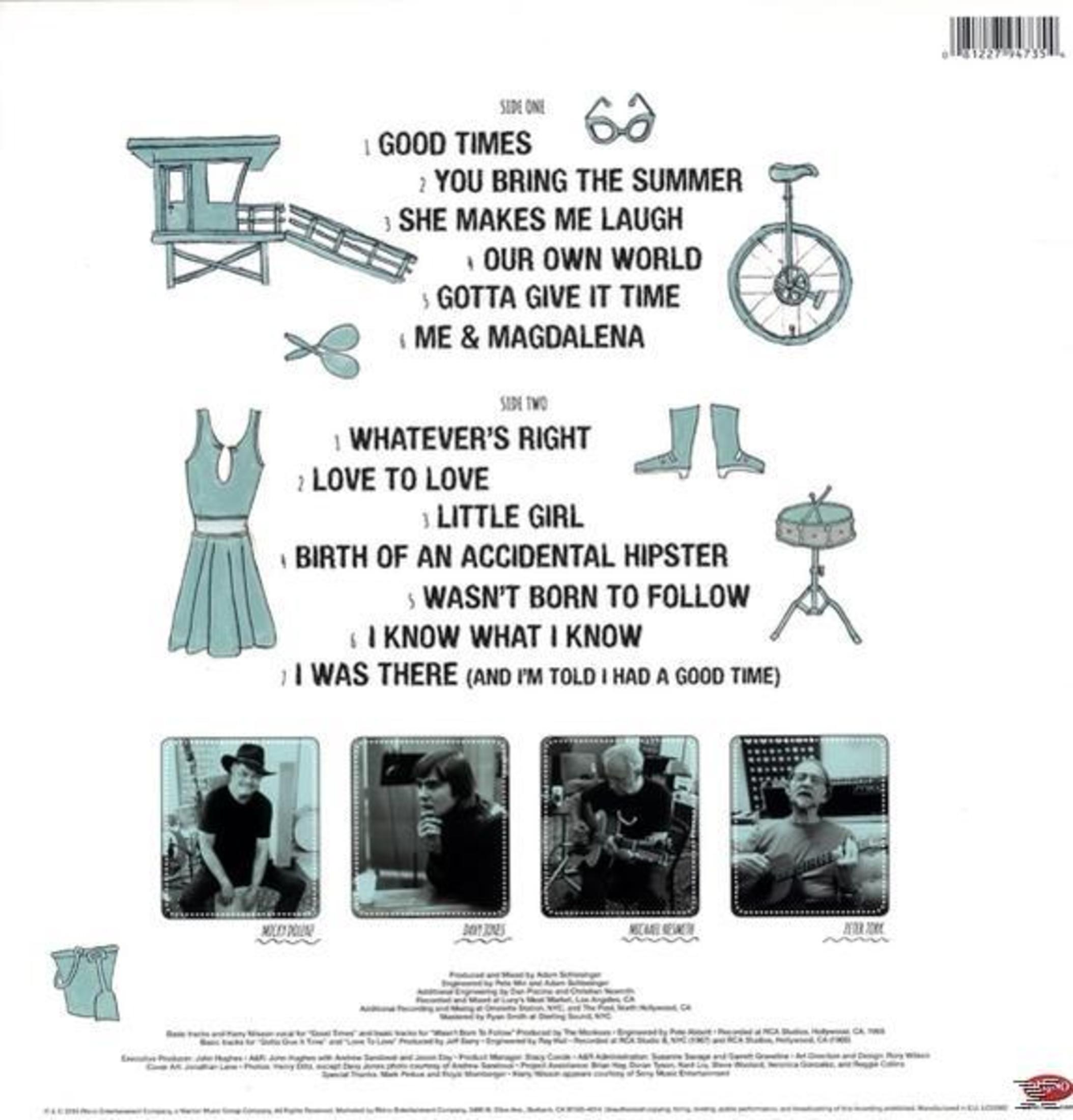 Retro di un album con titoli di canzoni, immagini e icone in un design bianco.