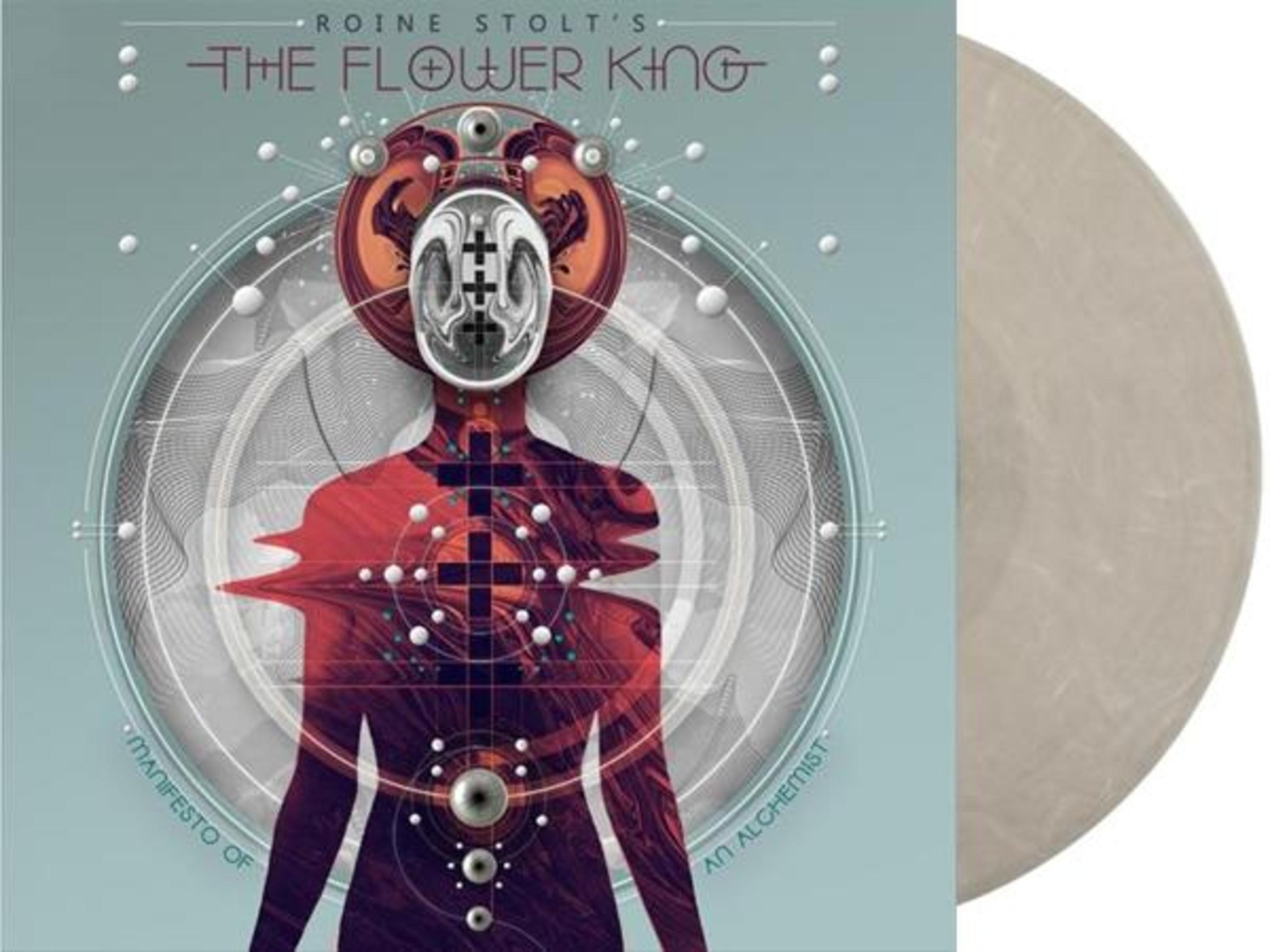 Albumhoes met een gestileerde figuur, een cirkelvormig ontwerp en een vinylplaat aan de zijkant.
