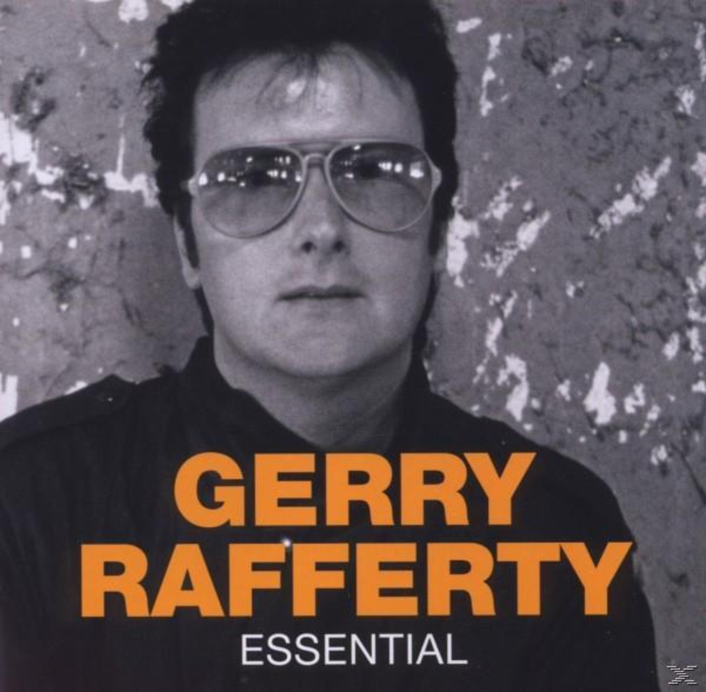 Uomo con occhiali da sole. Copertina dell'album con 'Gerry Rafferty' e 'Essential' in testo arancione.