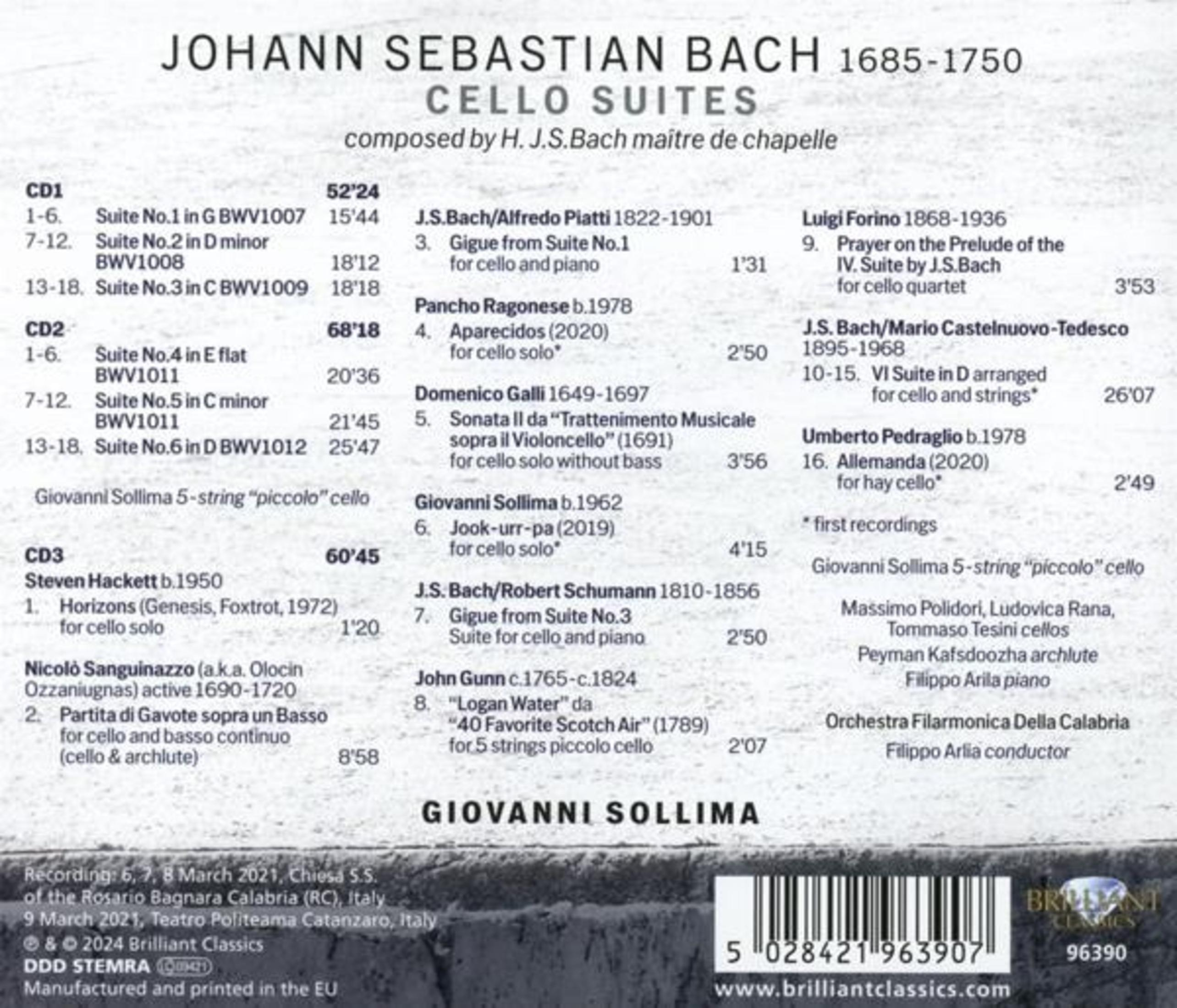 Contraportada del álbum: Lista de pistas de las suites para violonchelo de J.S. Bach. Artista y nombre del álbum están presentes.