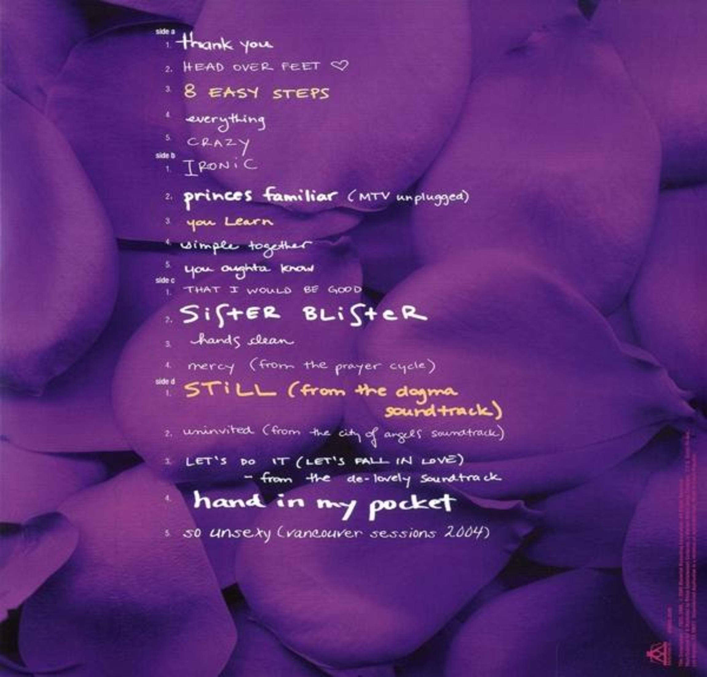 Retro copertina dell'album con elenco dei brani. Sfondo di petali viola. Le canzoni includono '8 Easy Steps' e 'Crazy'.