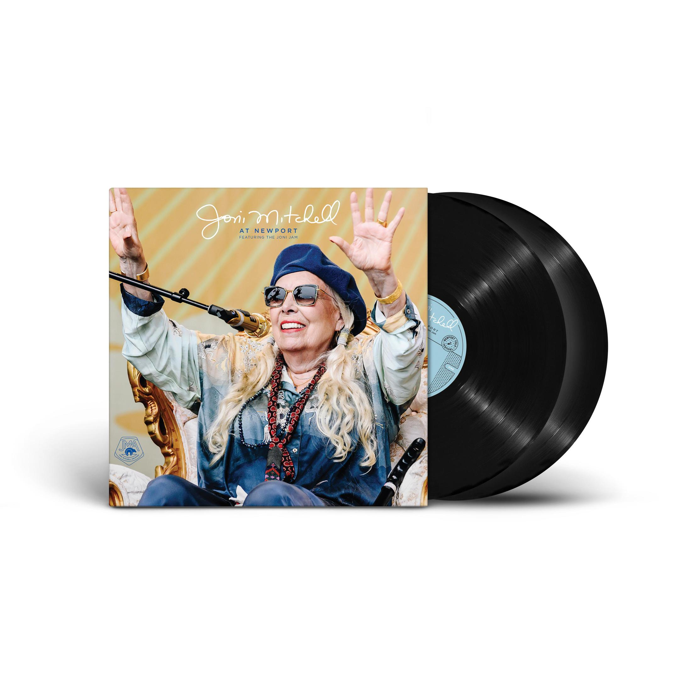 Portada del álbum con una mujer cantando, con las manos en el aire y dos discos de vinilo.