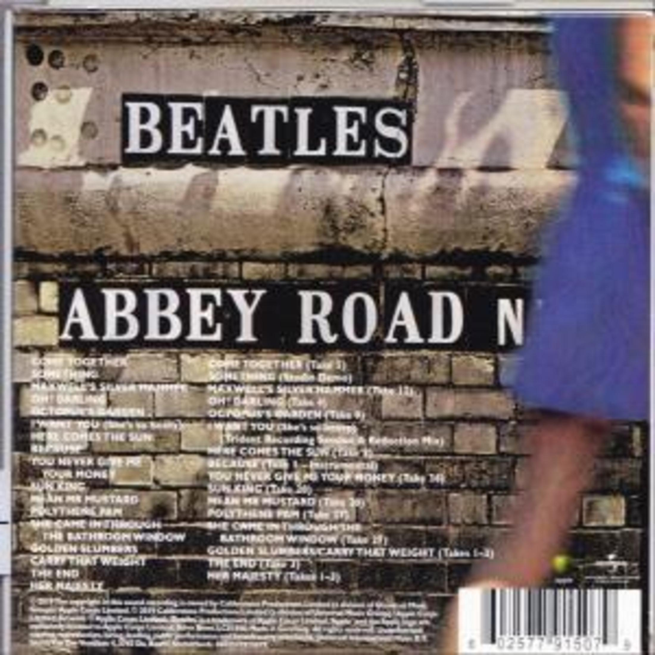 Retro copertina dell'album con le parole "Beatles" e "Abbey Road" e una tracklist contro un muro.