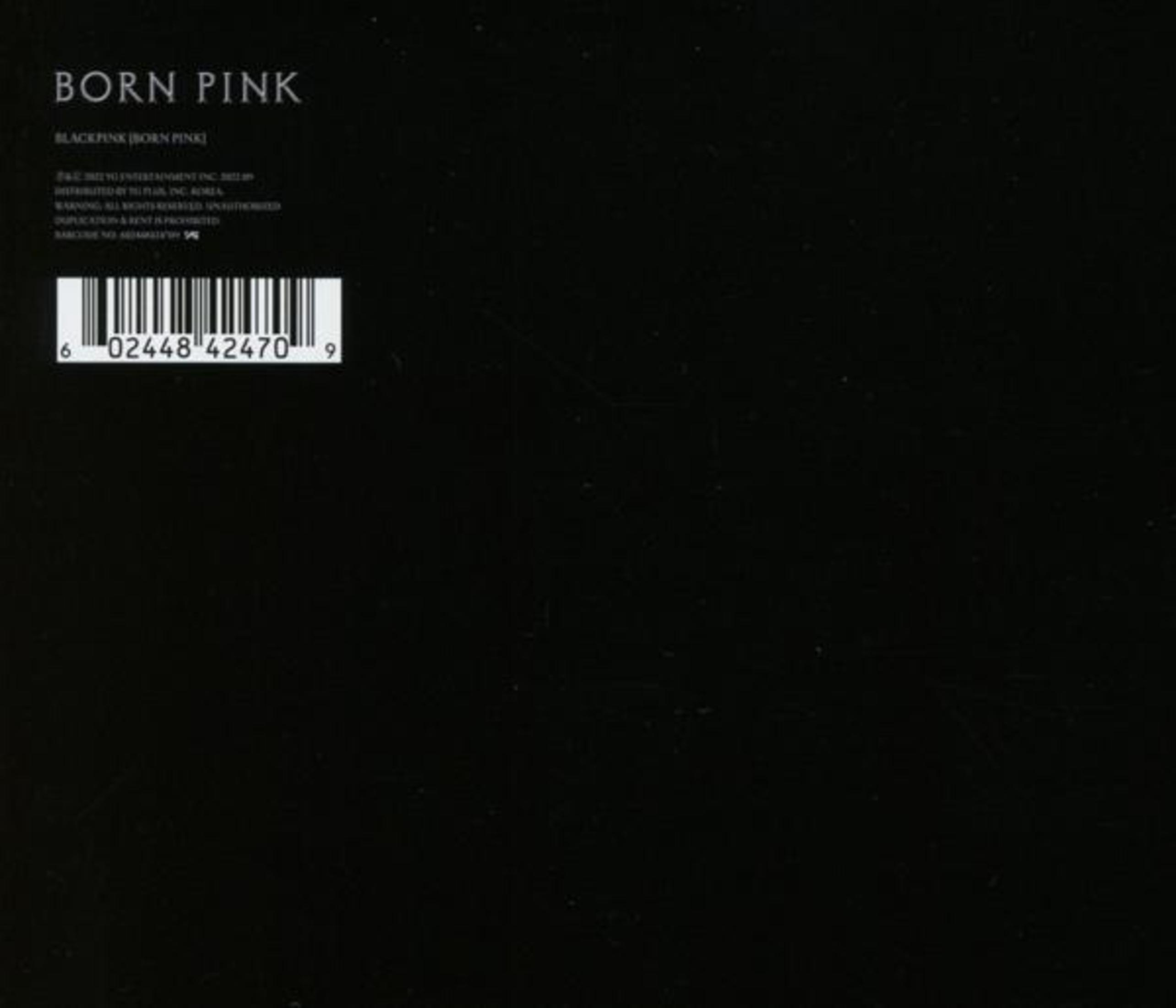 Black album cover with text 'BORN PINK' and barcode. Minimalist design. No other elements.