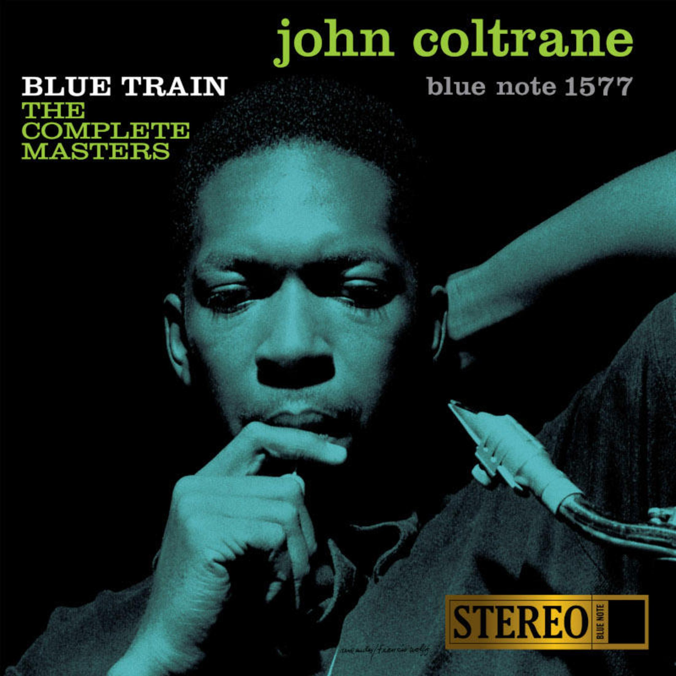 Copertina dell'album. Il volto di John Coltrane è in tonalità verde. Titolo: Blue Train. Testo verde: John Coltrane. Blue Note Records.