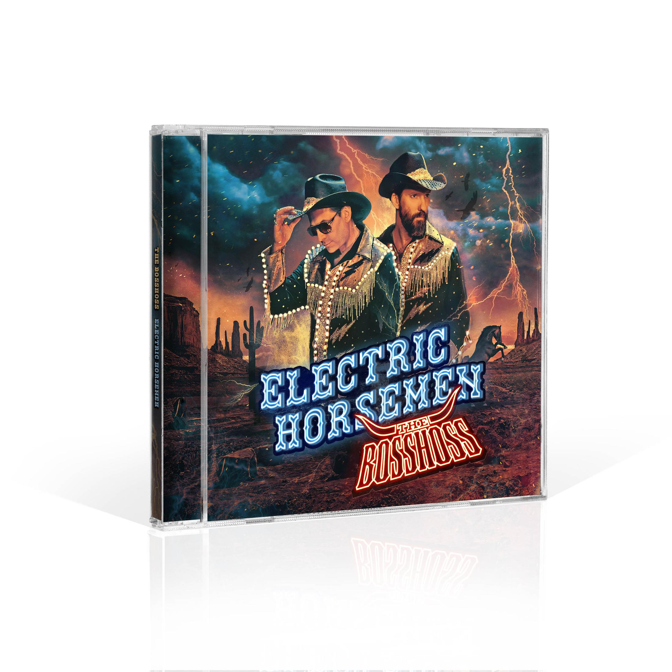 Albumcover mit zwei Männern in Cowboyhüten, Wüste und Blitz.