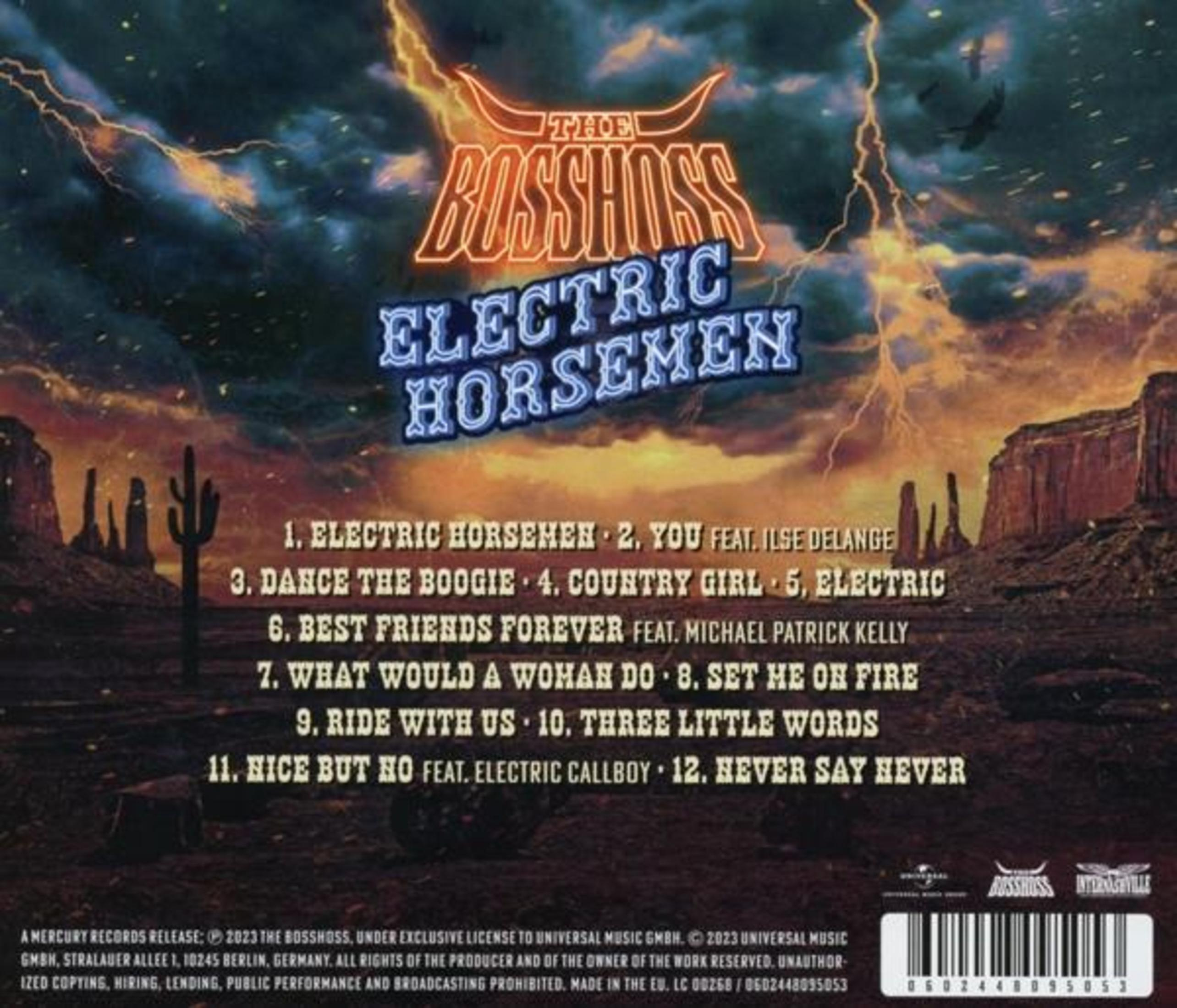 Albumcover-Art mit Text und einer Wüstenlandschaft. The BossHoss, Electric Horsemen.