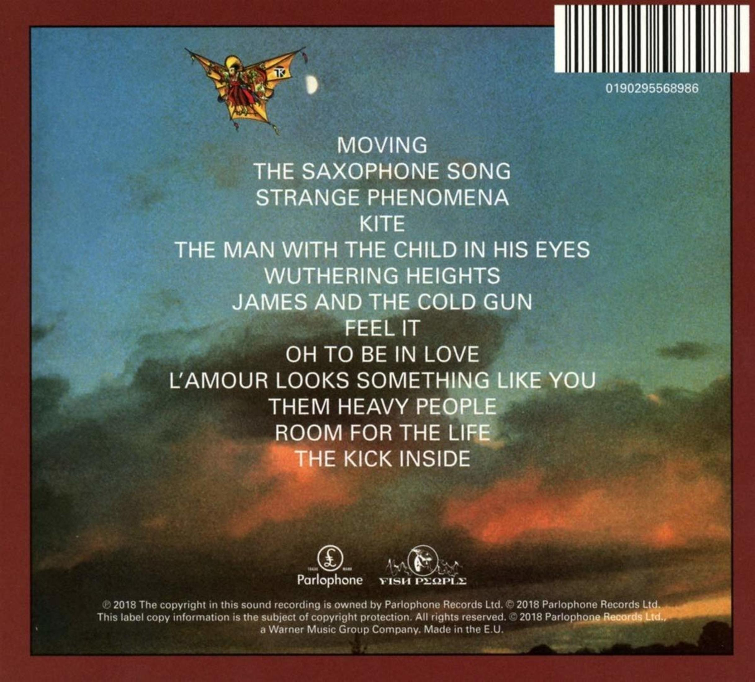 Achterkant van album met songtitels. Tekst: Moving, Kite, The Kick Inside. Achtergrond: Donker, bewolkt.