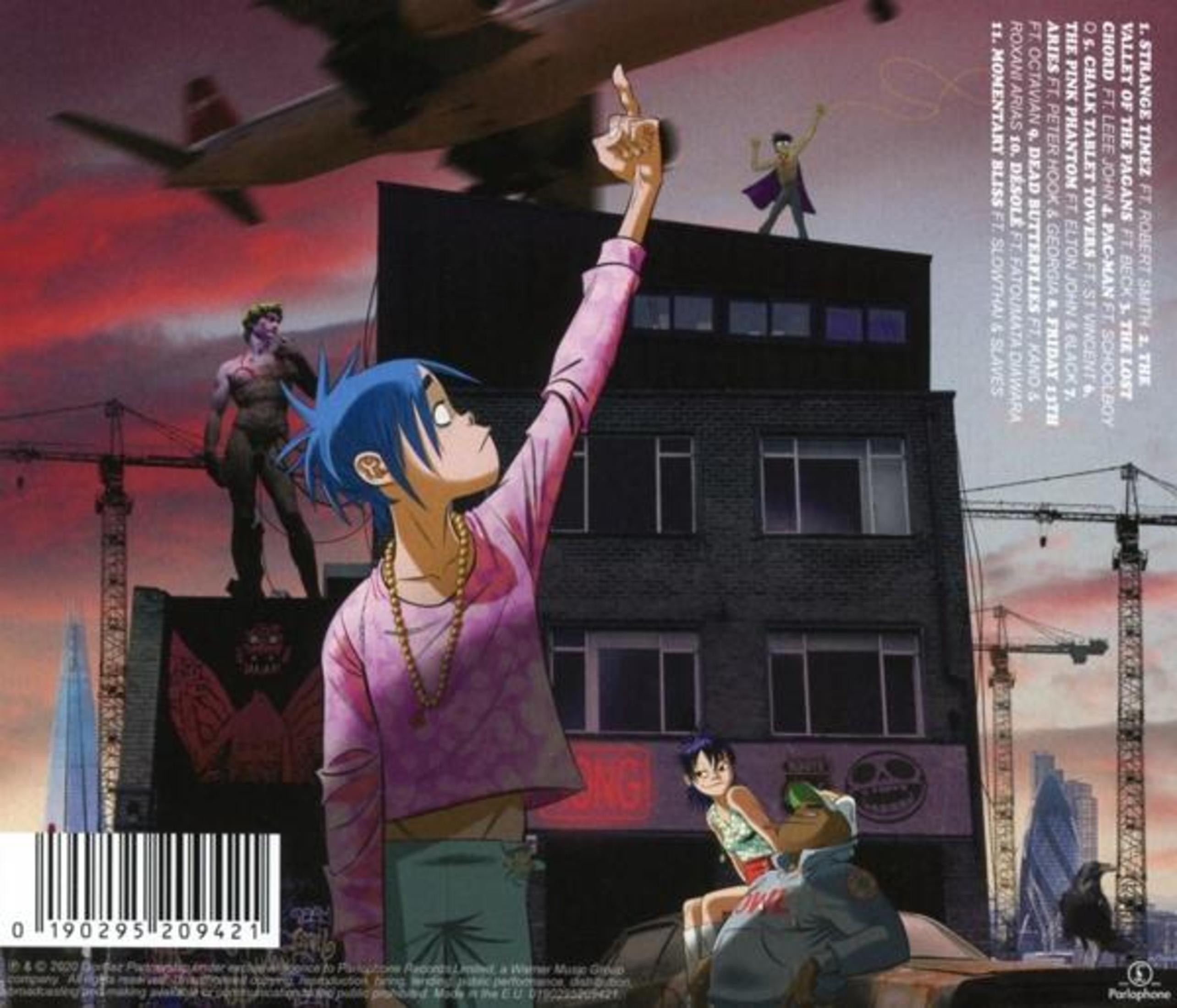 Albumcover: cartoonfiguren op een dak in de stad, met een vliegtuig in de lucht.