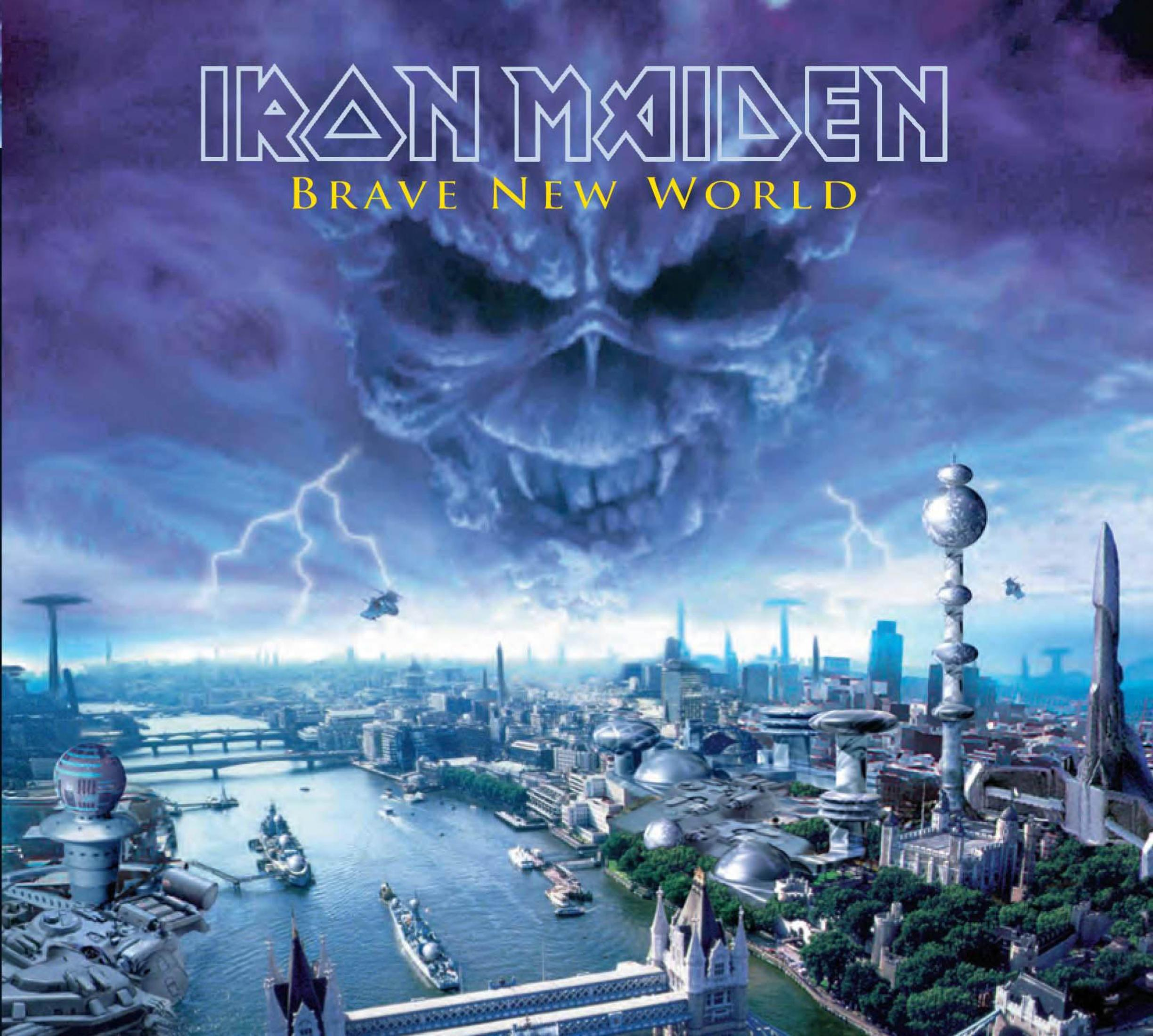 Copertina dell'album Iron Maiden: Teschio sopra una città futuristica con fulmini.