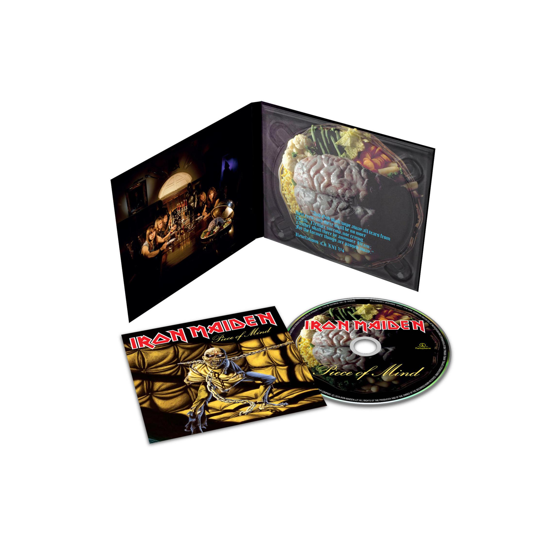 Copertina dell'album Iron Maiden con un teschio e una persona seduta. Il CD e il libretto sono visibili.