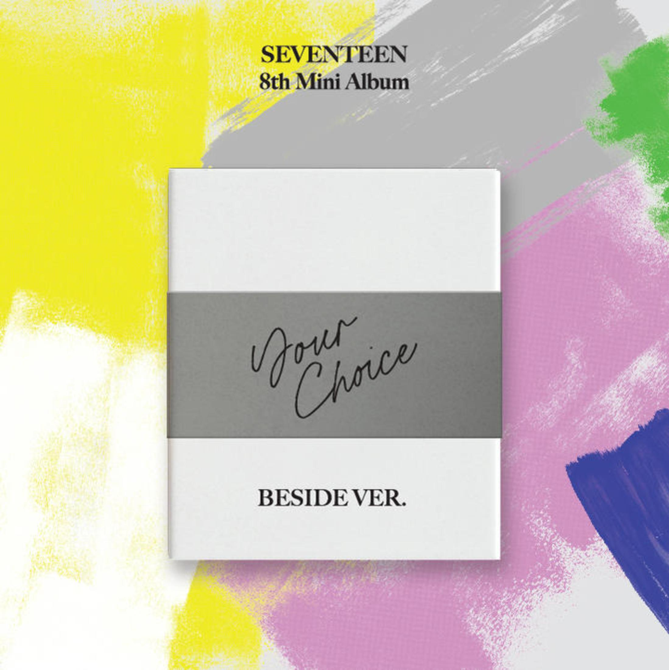 Album cover with SEVENTEEN on top. The album title is in the middle. A white album with colorful background.
