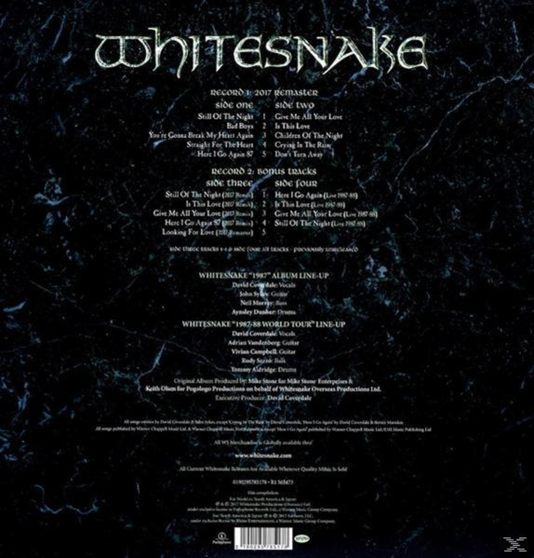 Copertina dell'album Whitesnake. Sfondo nero con testo bianco. Elenco tracce. Sono elencati i nomi dei membri della band.
