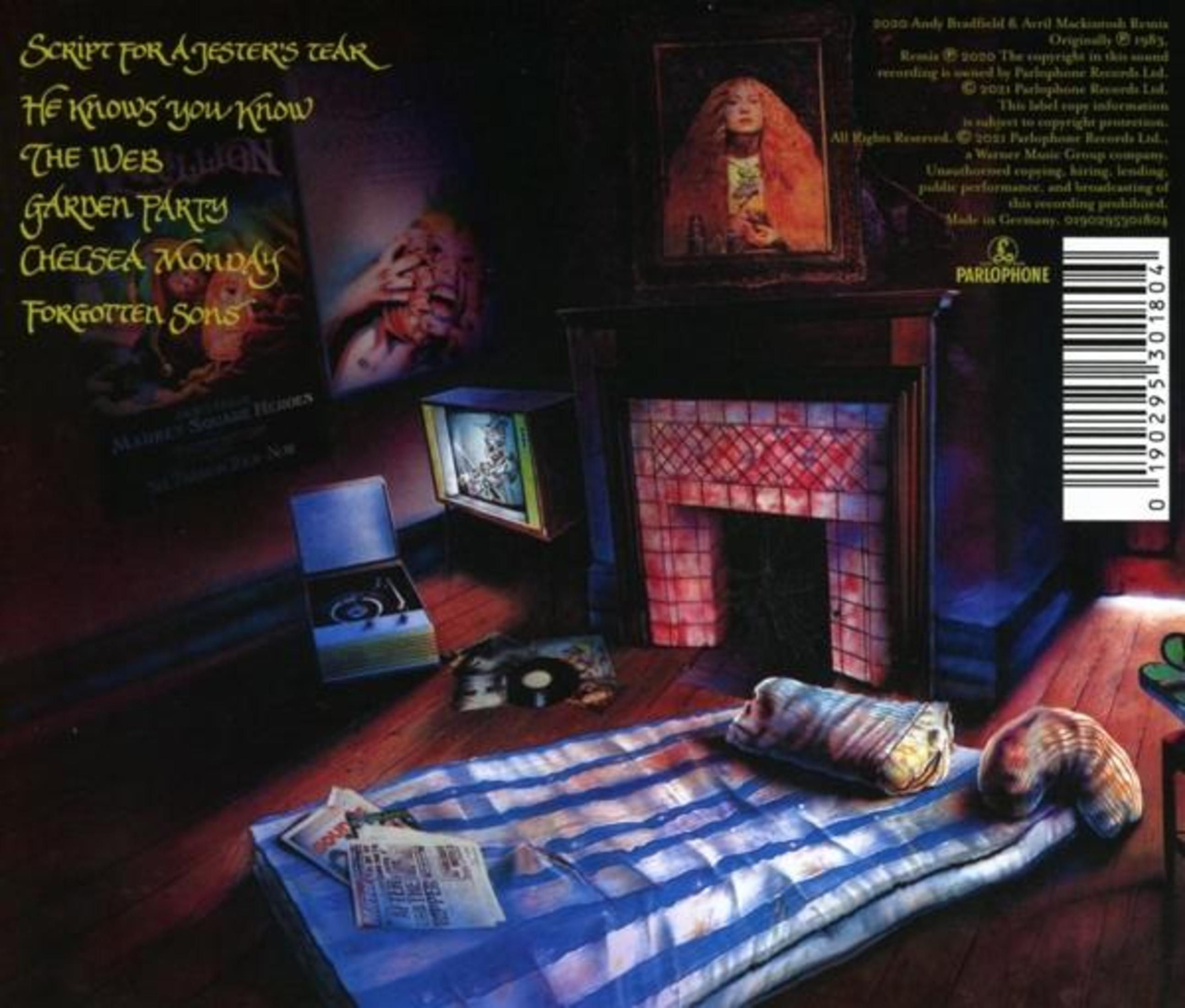 Una copertina di un album con un letto, un camino e del testo. Una donna è in un dipinto.