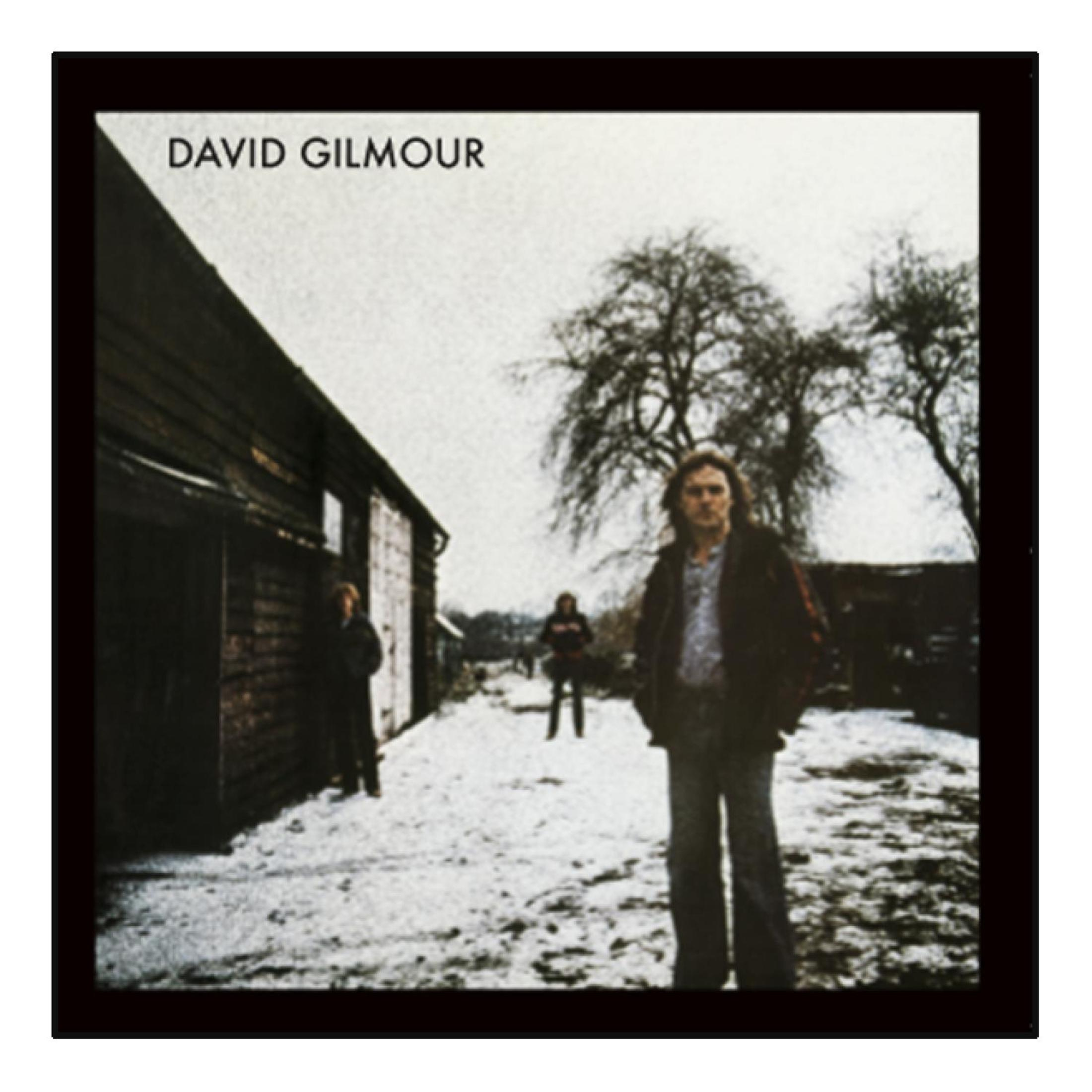 Albumhoes: David Gilmour op een besneeuwd pad, drie figuren op de achtergrond.