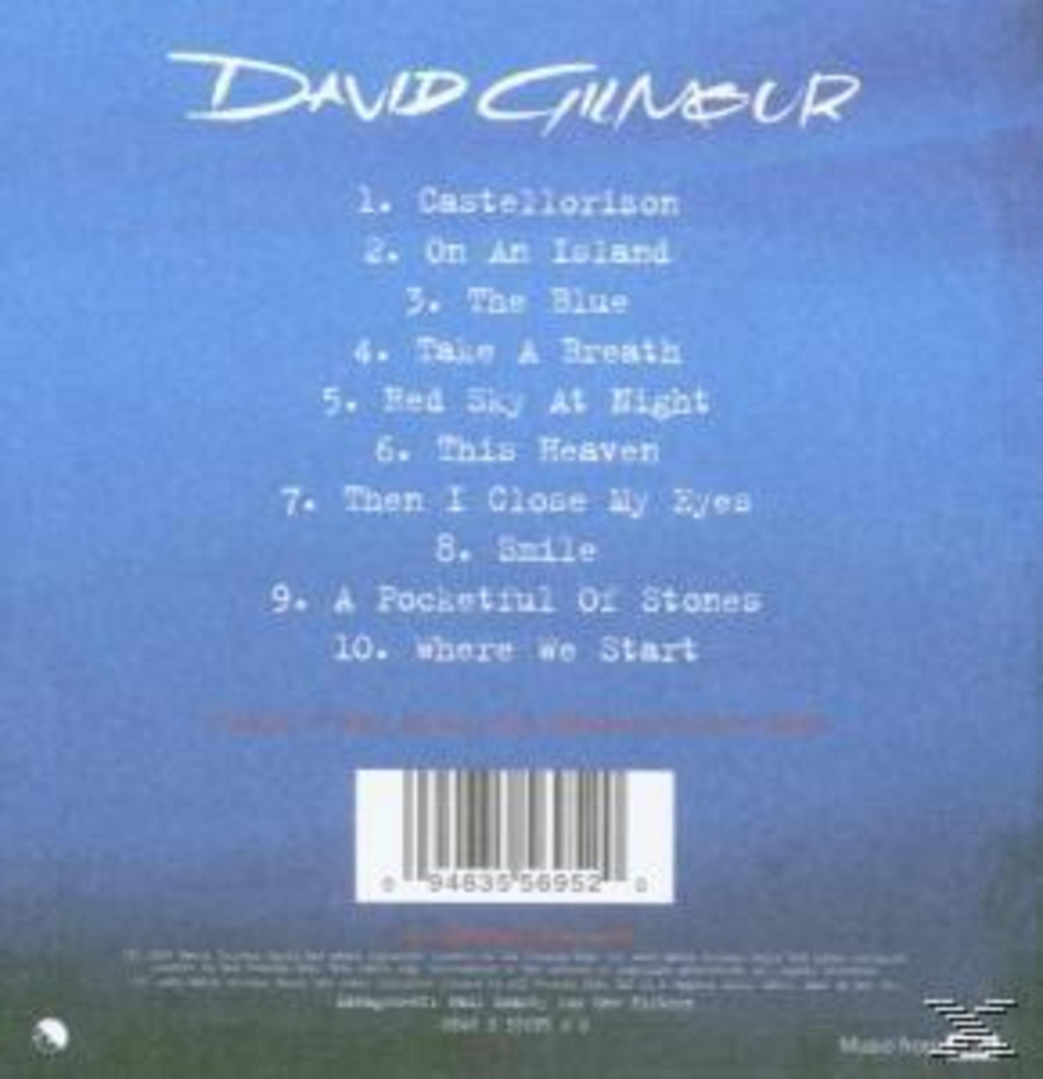 Achterkant album: David Gilmours tracklist en albumdetails, op een blauwe achtergrond.