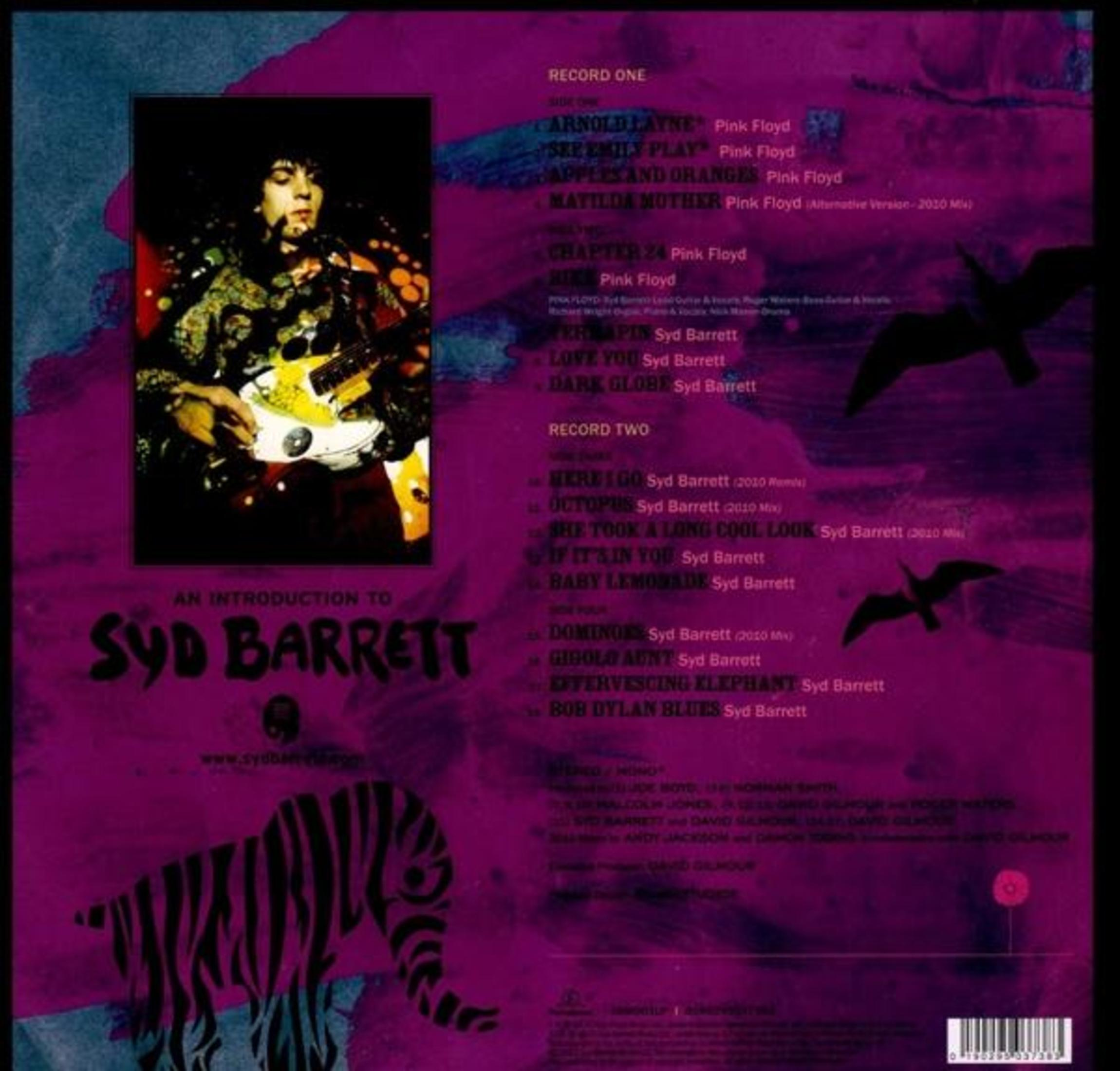 Contraportada del álbum: detalles del álbum de Syd Barrett, Pink Floyd, y arte con esquema de color negro y morado.