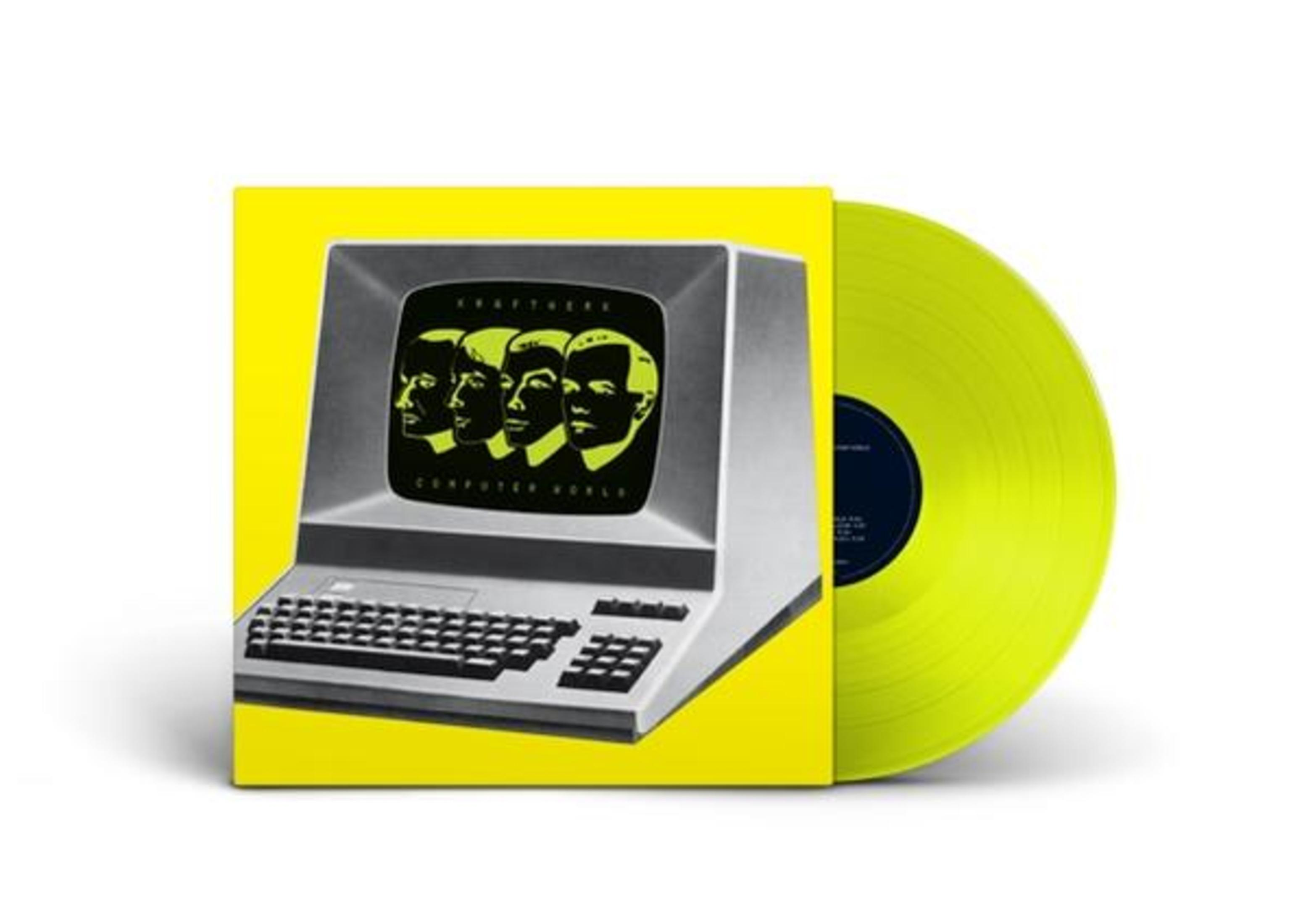 Copertina dell'album Kraftwerk. Una copertina gialla con un'illustrazione di un computer. È visibile un vinile verde.