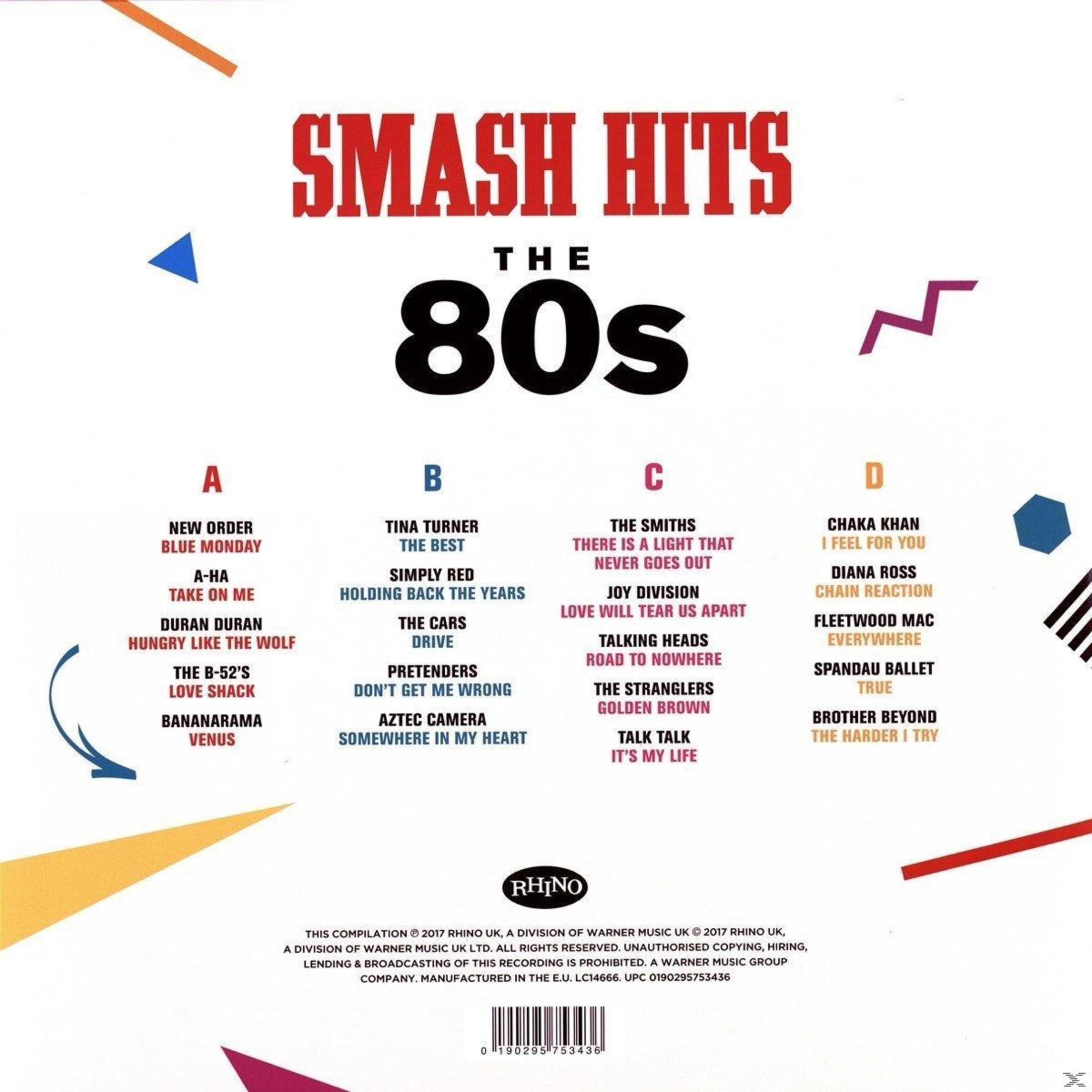 Copertina dell'album. Elenco di canzoni e il testo "Smash Hits The 80s". Forme colorate.
