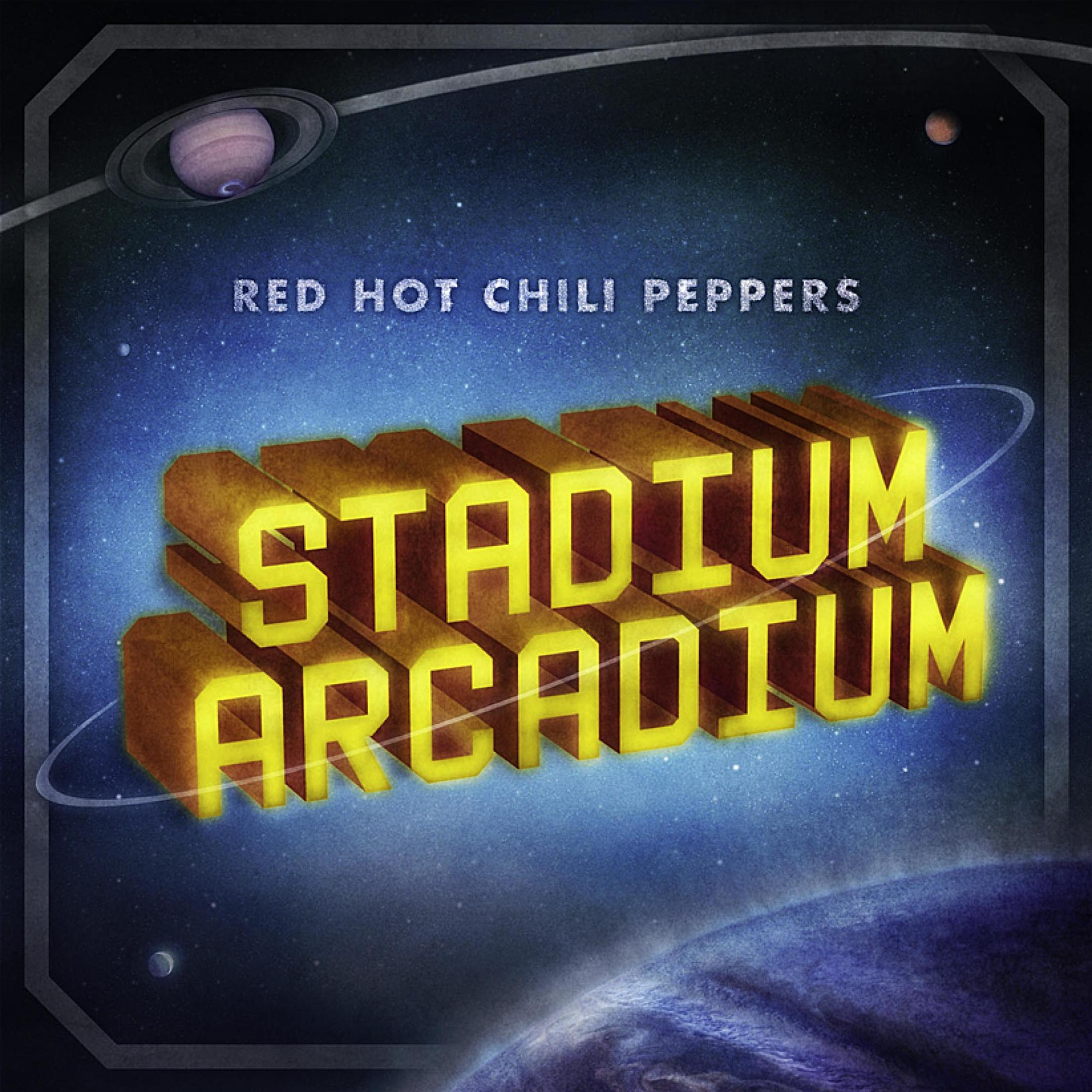 Copertina dell'album, testo dorato 'STADIUM ARCADIUM' su una scena spaziale. Testo 'RED HOT CHILI PEPPERS' in alto.