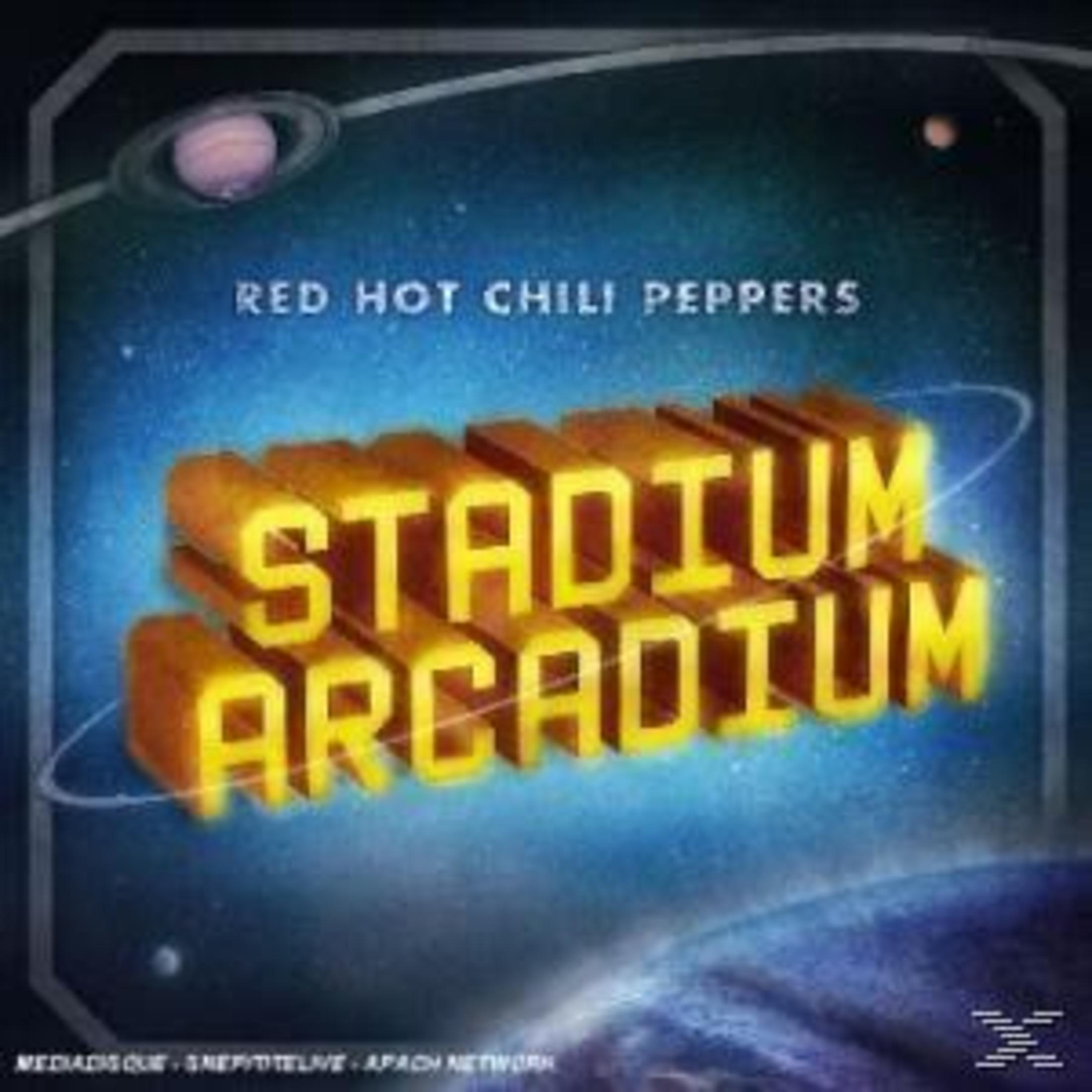 Copertina dell'album dei Red Hot Chili Peppers: Il titolo dell'album in lettere d'oro in un design a tema spaziale.