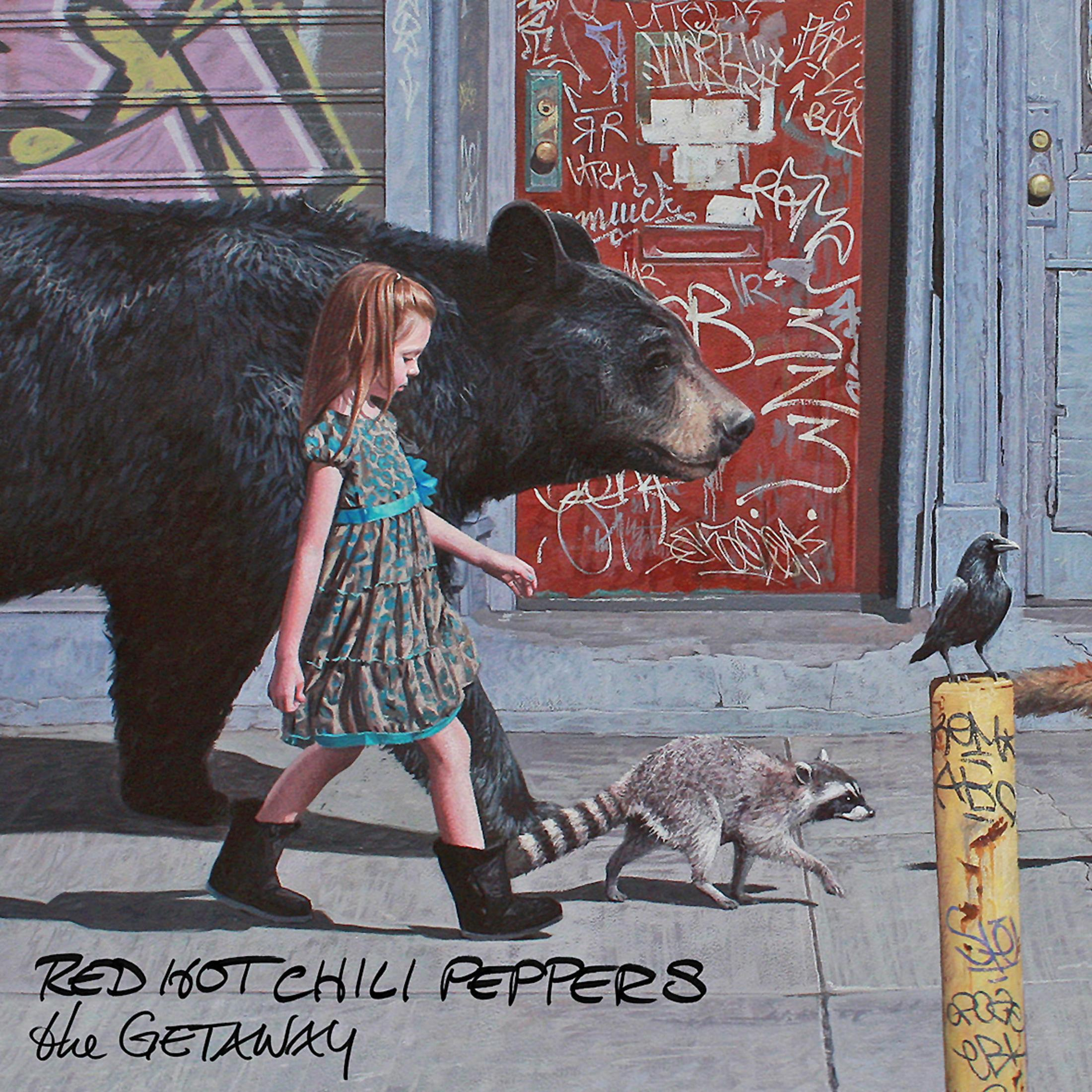 Copertina dell'album dei Red Hot Chili Peppers. Una ragazza e un orso camminano per strada, con un procione e un corvo.