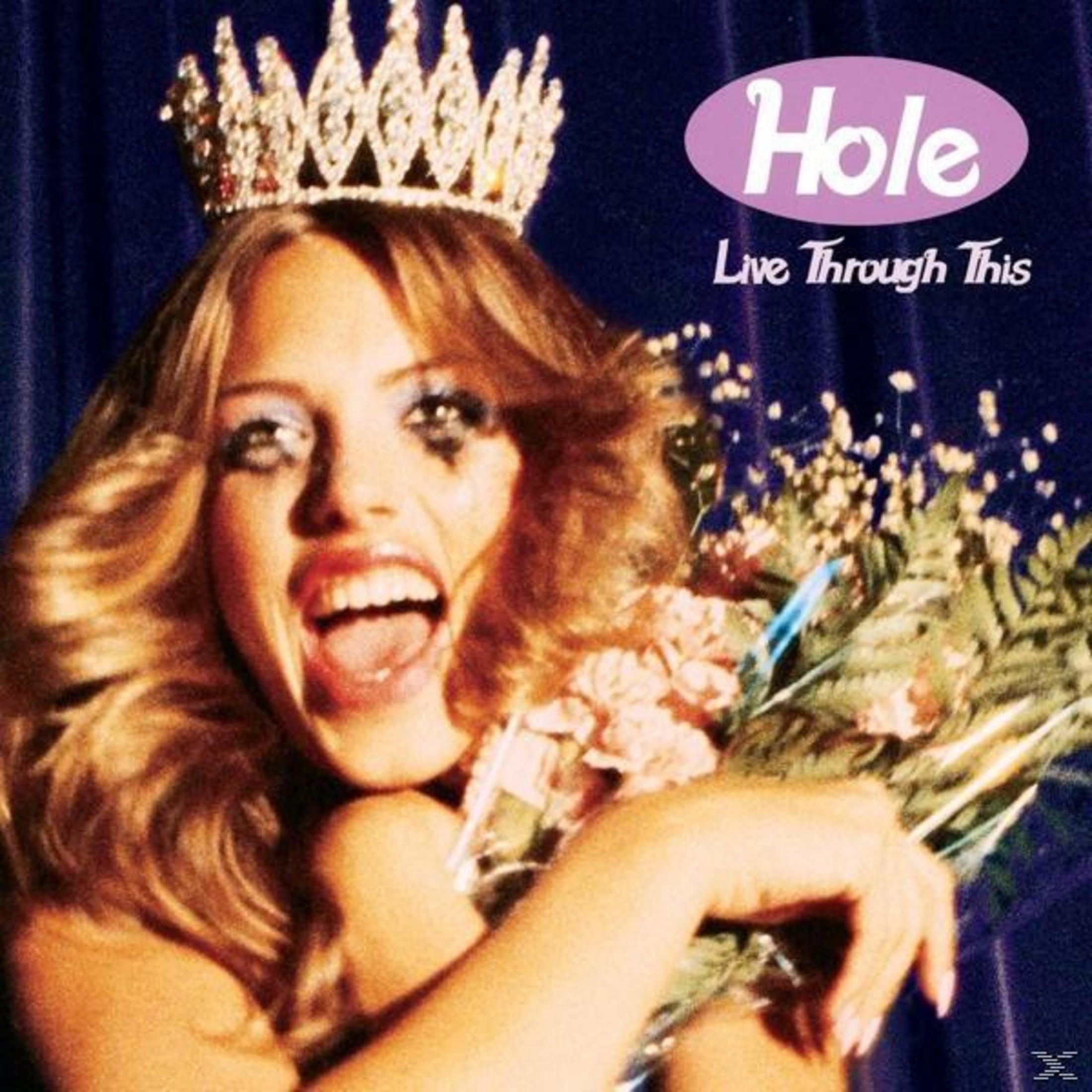 Copertina dell'album degli Hole. Una donna con corona e bouquet, che piange. Testo viola: Hole Live Through This.