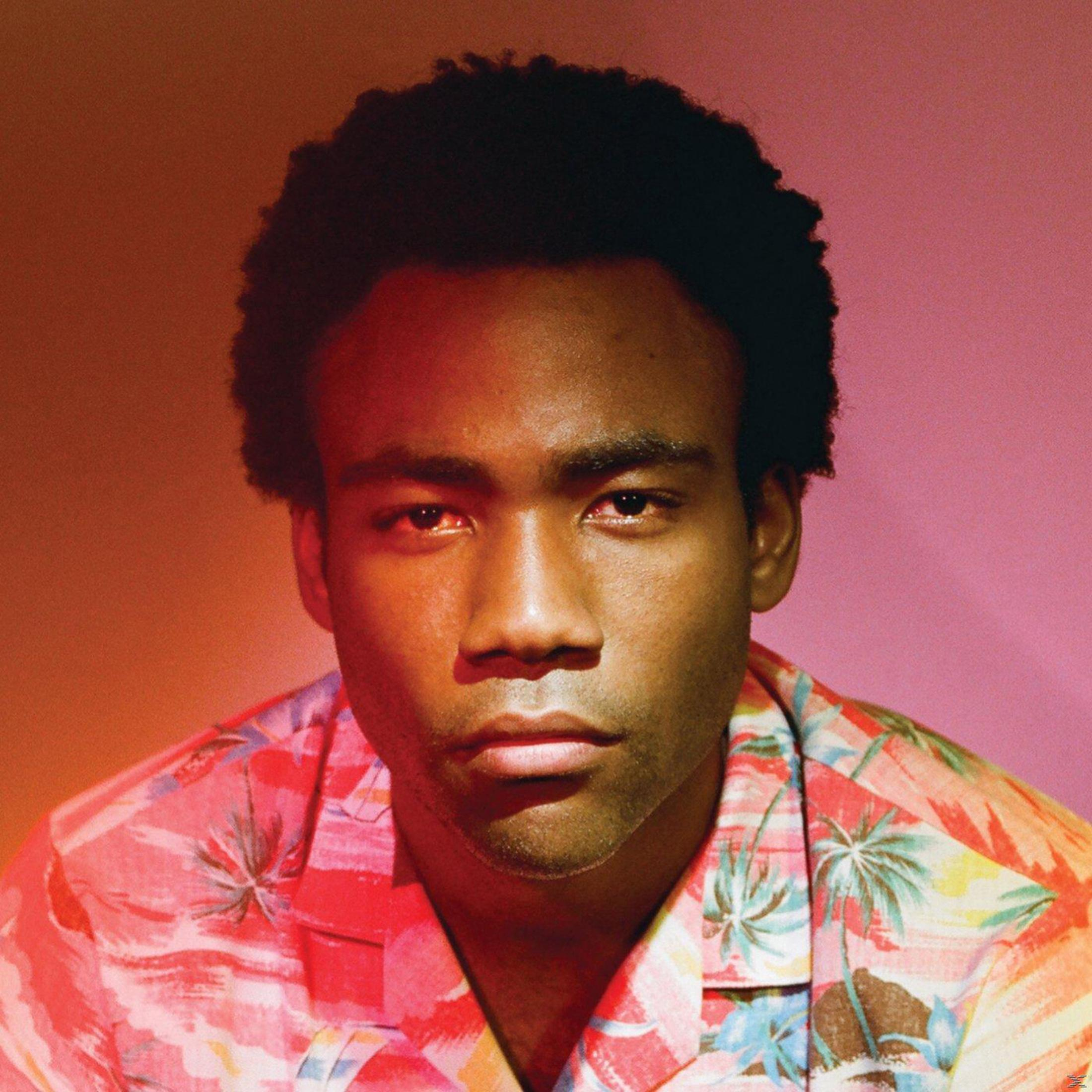 Copertina dell'album di Donald Glover. Guarda dritto verso la fotocamera. Indossa una camicia colorata. Sfondo rosa e arancione.