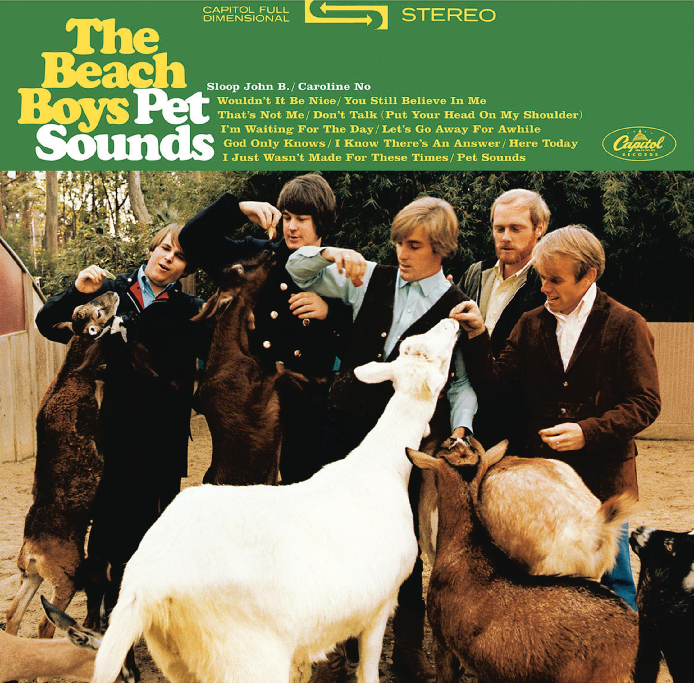 Copertina dell'album: The Beach Boys con capre, titolo dell'album 'Pet Sounds'.