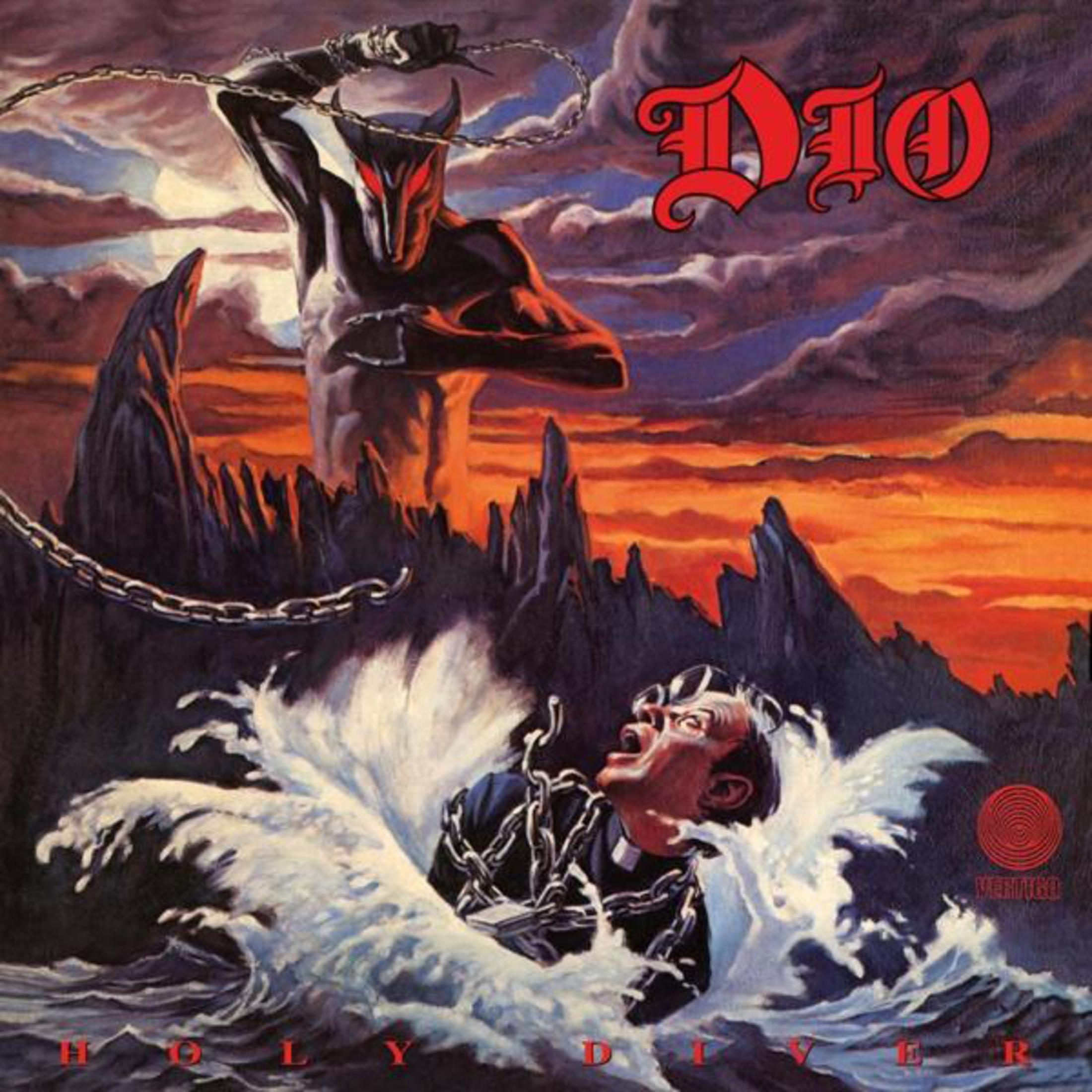 Copertina dell'album: Figura demoniaca sopra un uomo in acqua, titolo dell'album 'Holy Diver'.